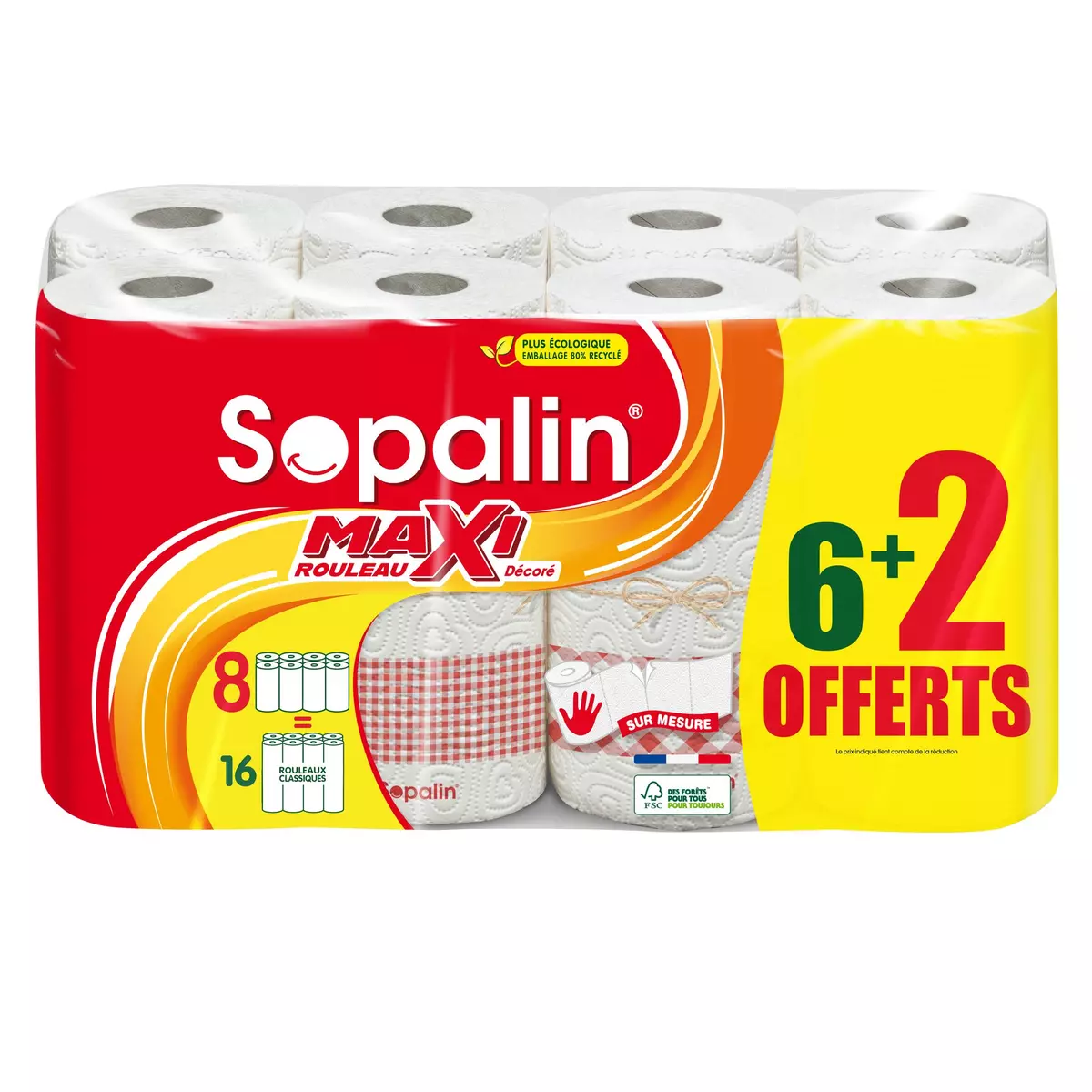 SOPALIN Maxi rouleau essuie tout sur mesure demi feuille décoré 6 rouleaux +2 offerts