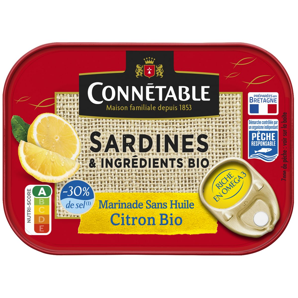 CONNETABLE Sardines marinade sans huile au citron -30% de sel 135g