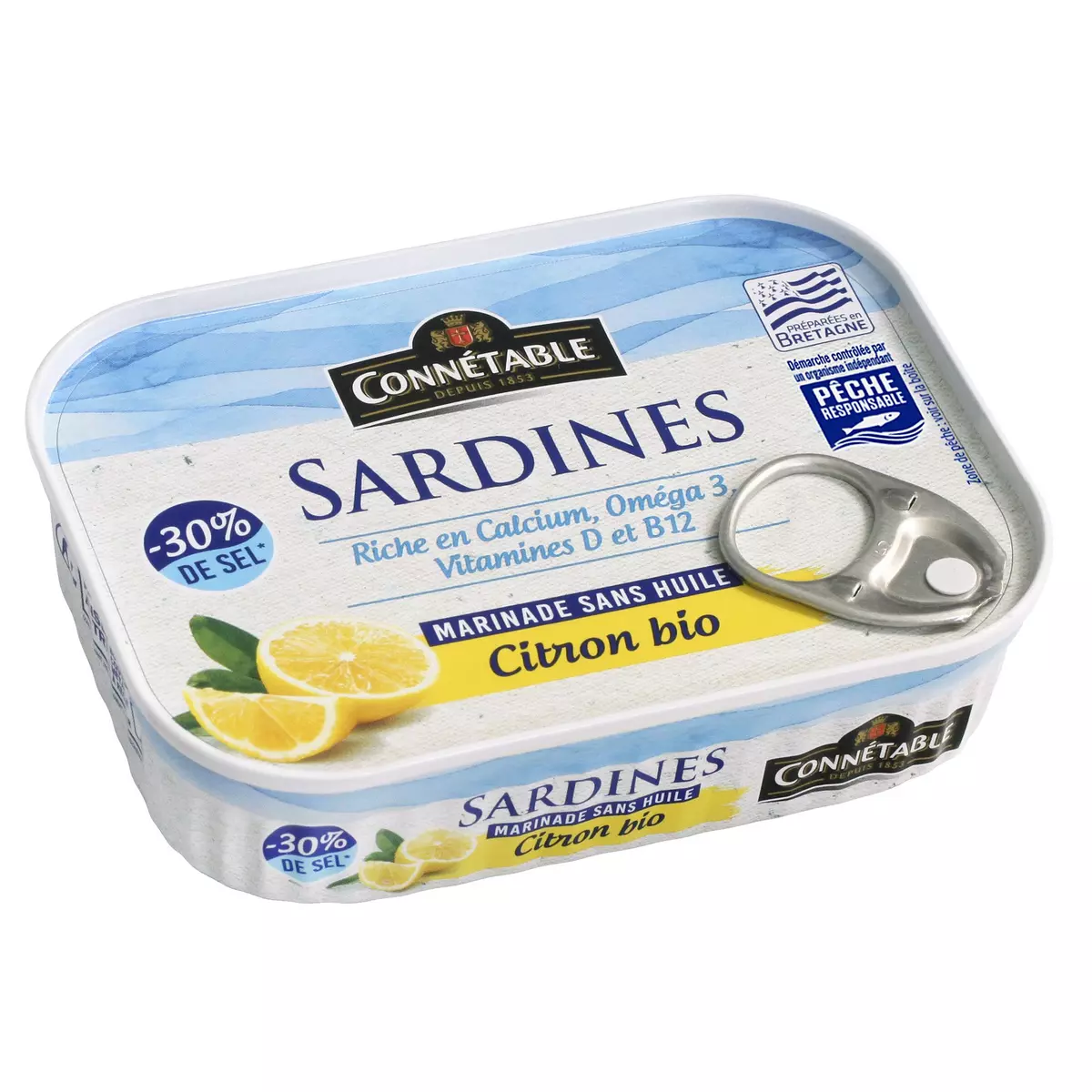 CONNETABLE Sardines marinade sans huile au citron bio -30% de sel 135g
