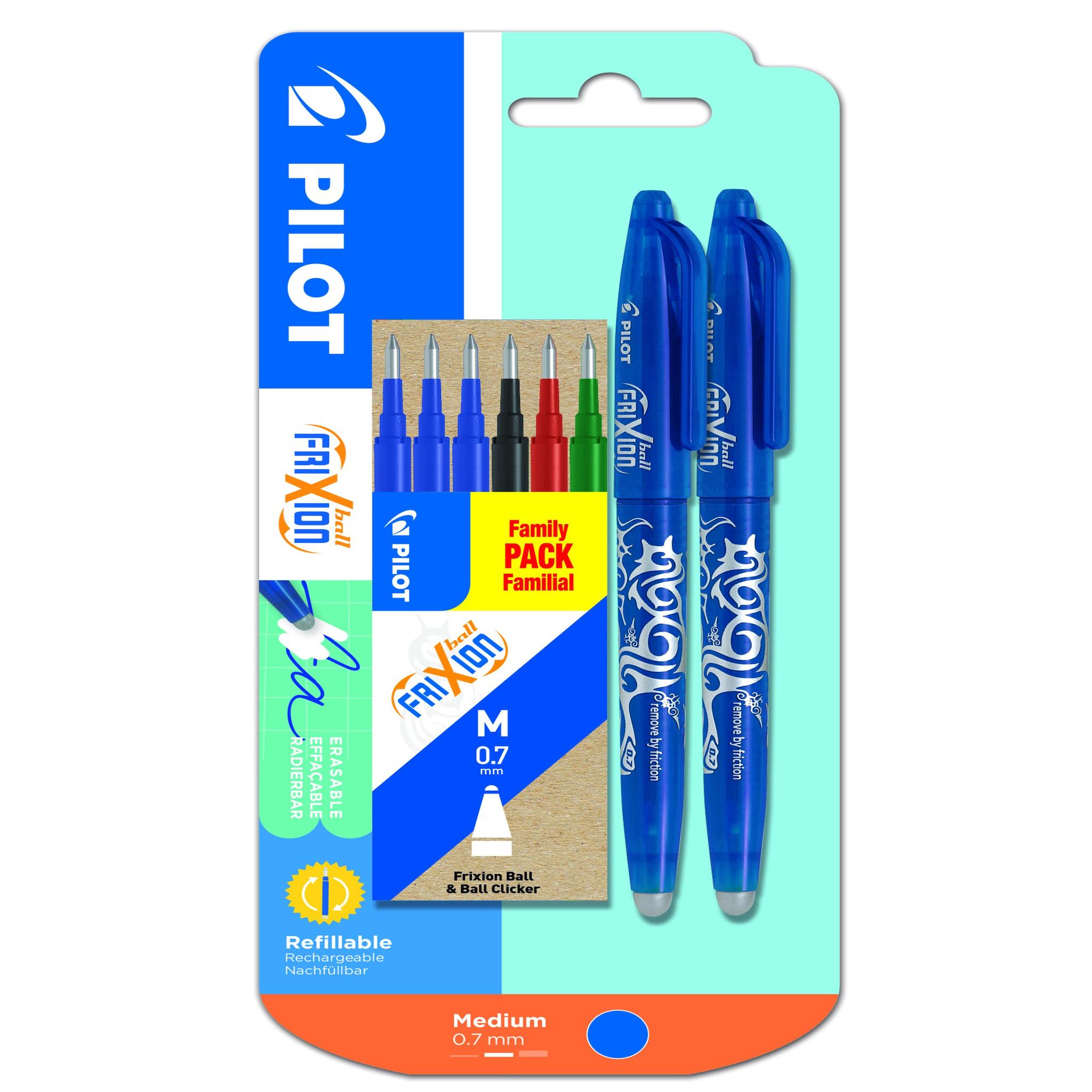PILOT Stylos Frixion Ball Bleu x2 + 1 étui de 6 recharges Noir / Rouge / Vert / Bleu