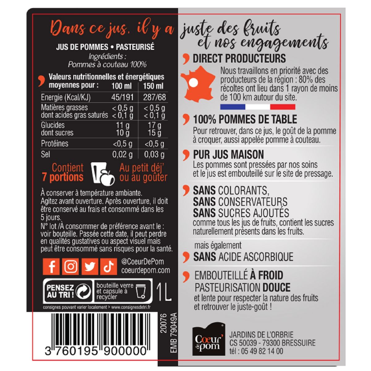 COEUR DE POM' Pur jus de pomme naturel bouteille verre 1l