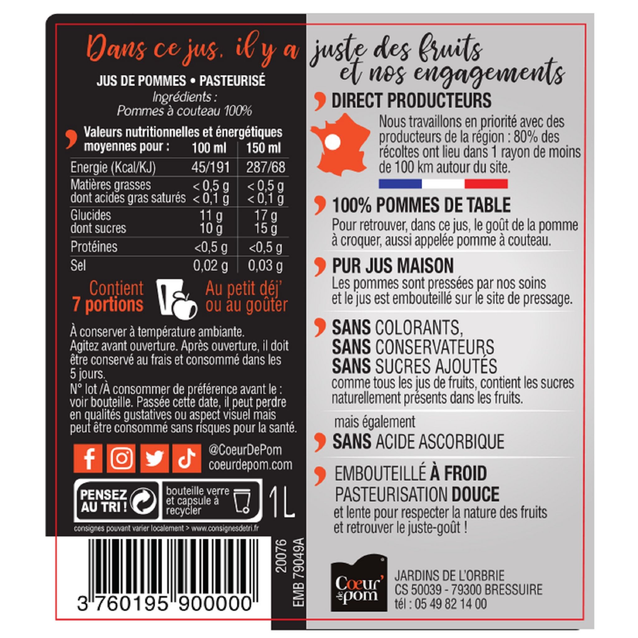 Voir la diapositive 2 : COEUR DE POM' Pur jus de pomme naturel bouteille verre 1l