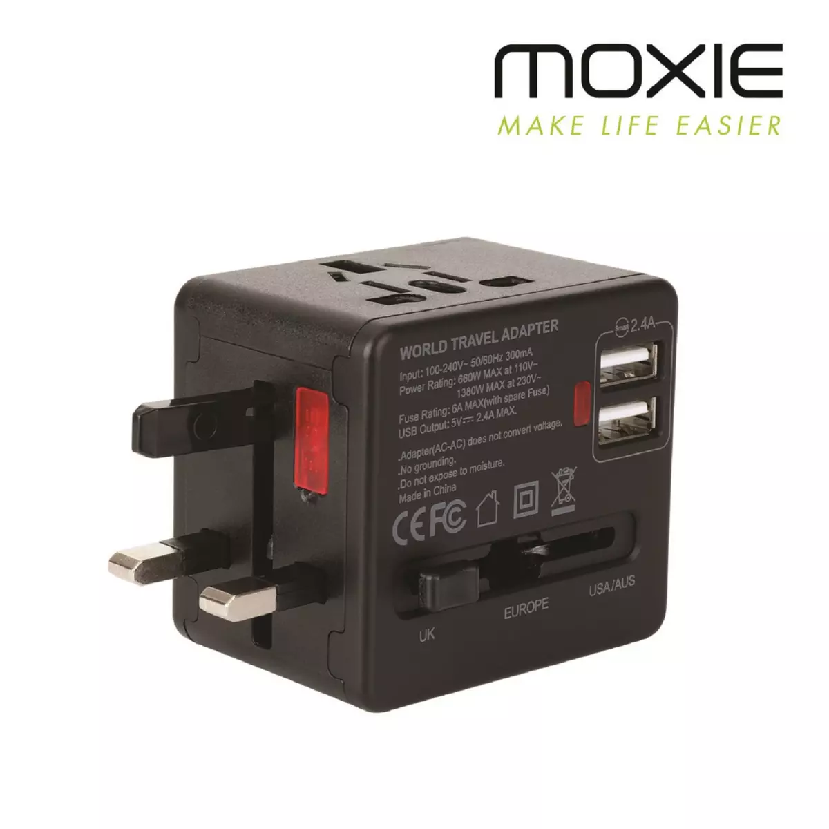 Moxie Adaptateur Prise Universel EU / USA / UK / AUS + 3 USB + 1 USB C Noir  - Câble & Adaptateur - LDLC