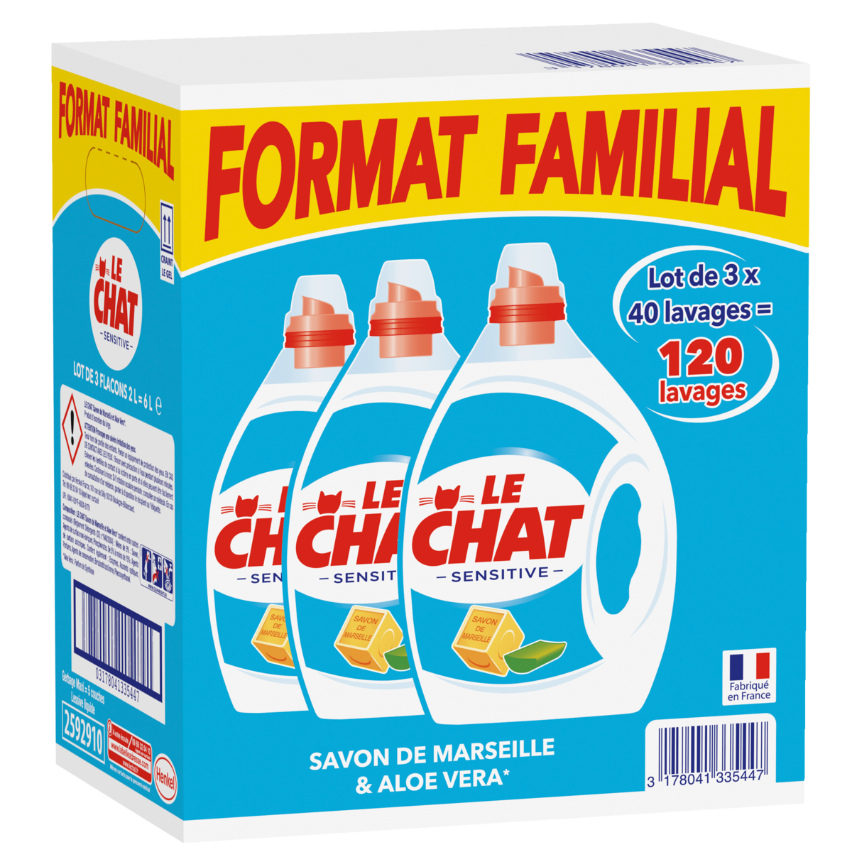 LE CHAT Lessive liquide sensitive amande et savon de Marseille 120 lavages 3x2l