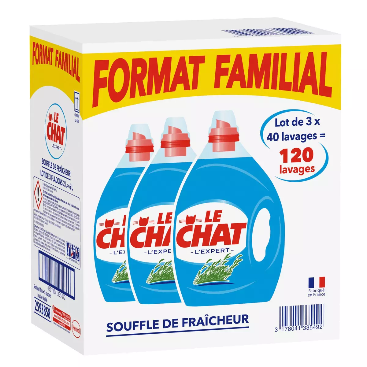 LE CHAT Lessive liquide souffle de fraîcheur format familial  120 lavages  3x2l