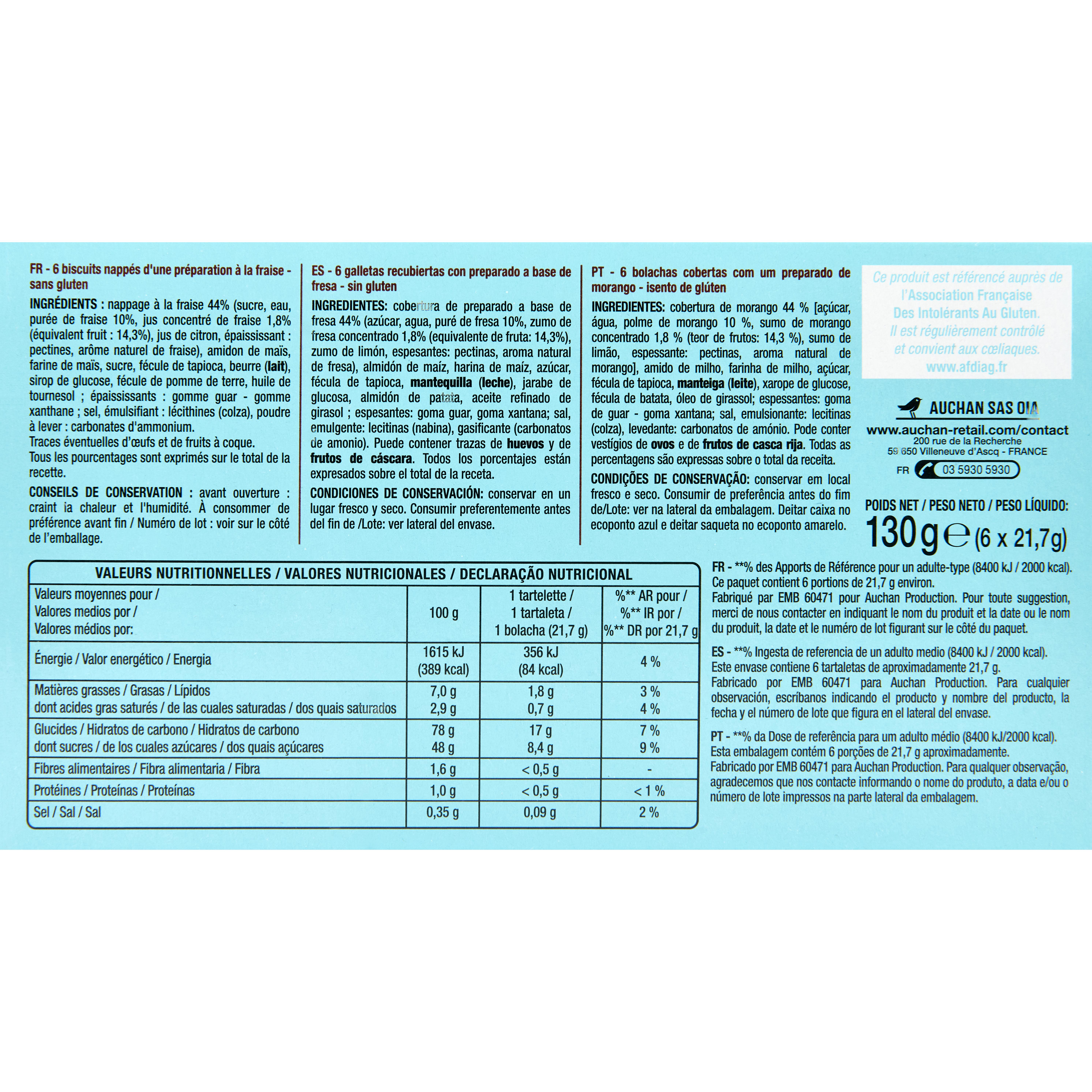 Voir la diapositive 4 : AUCHAN Tartelettes fraise sans gluten sachets individuels 6 tartelettes 130g