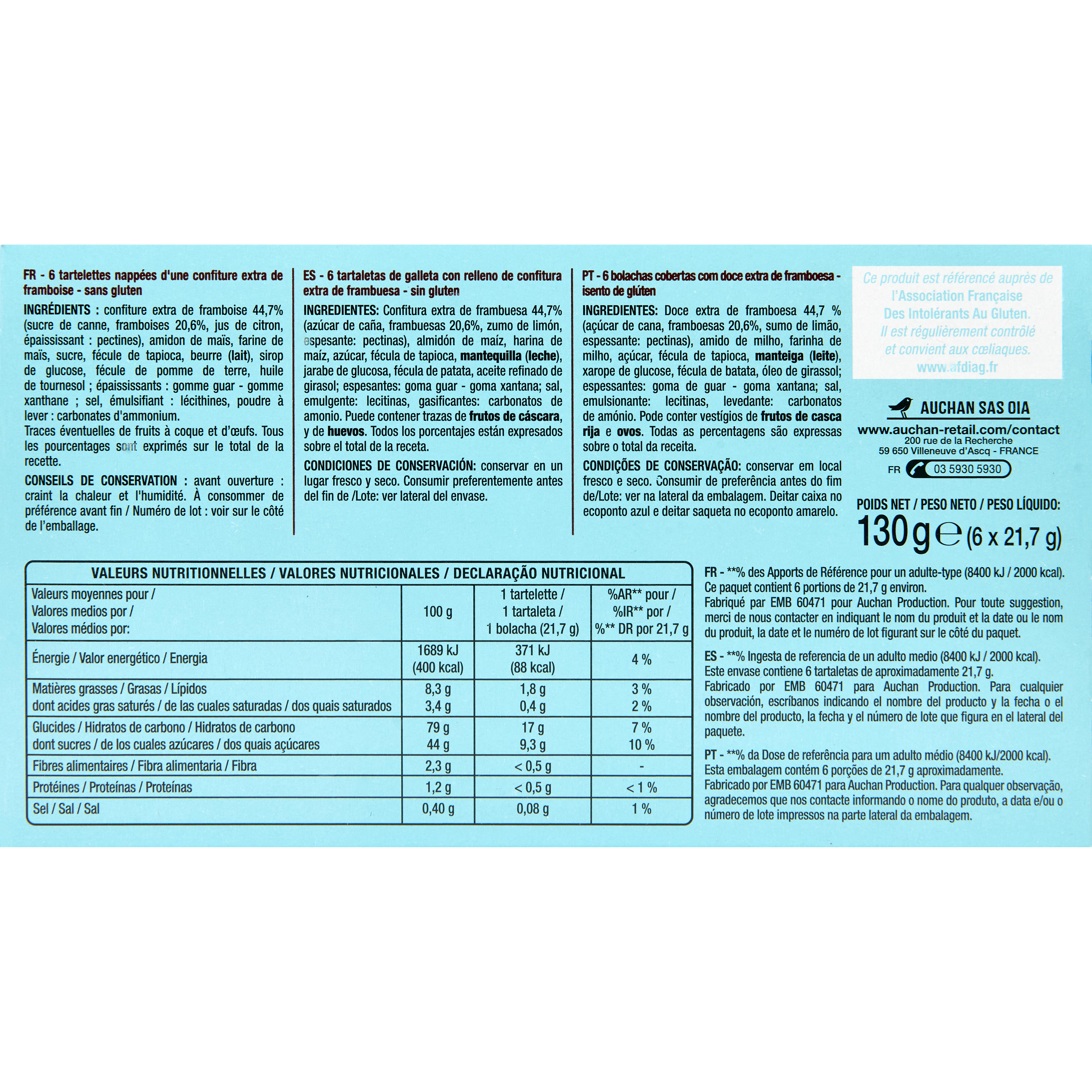 Voir la diapositive 4 : AUCHAN Tartelettes framboise sans gluten 6 sachets 130g