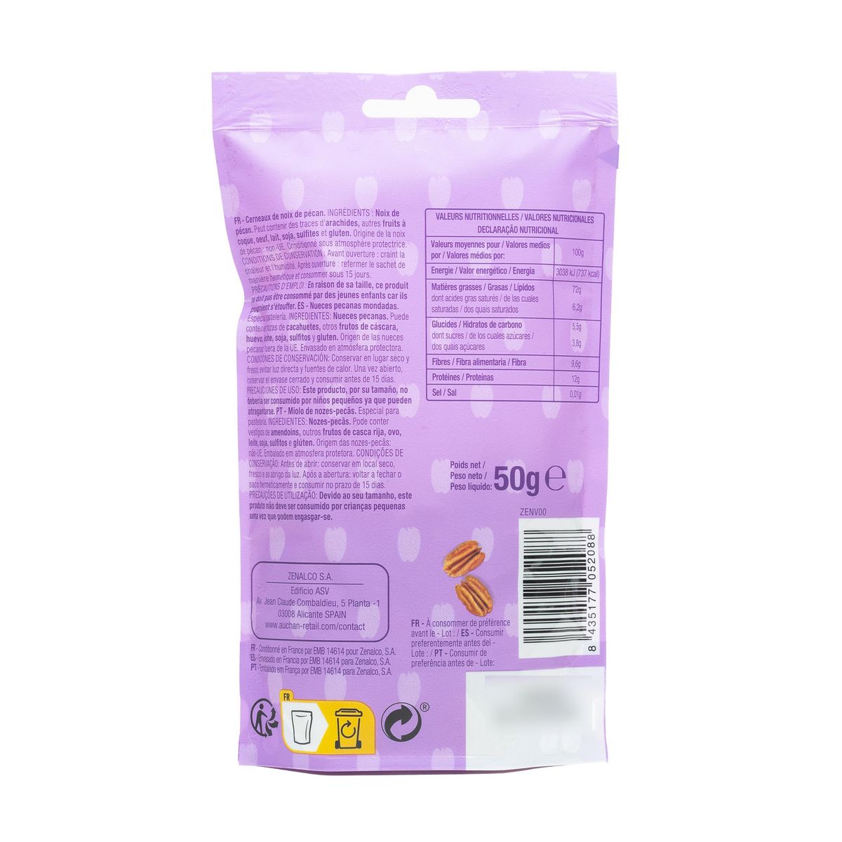 AUCHAN Noix de pécan sachet refermable 50g