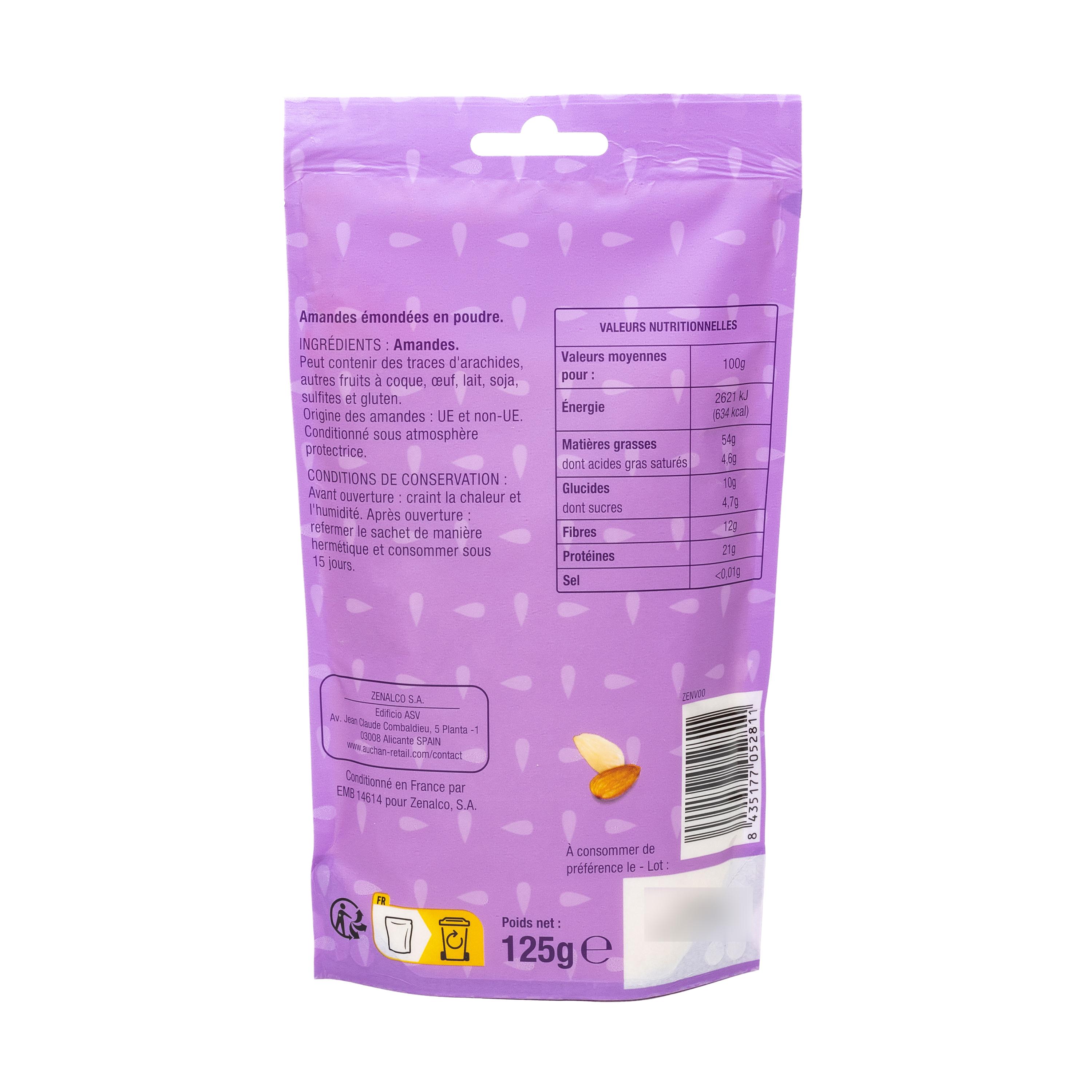 Voir la diapositive 2 : AUCHAN Amandes émondées en poudre sachet refermable 125g