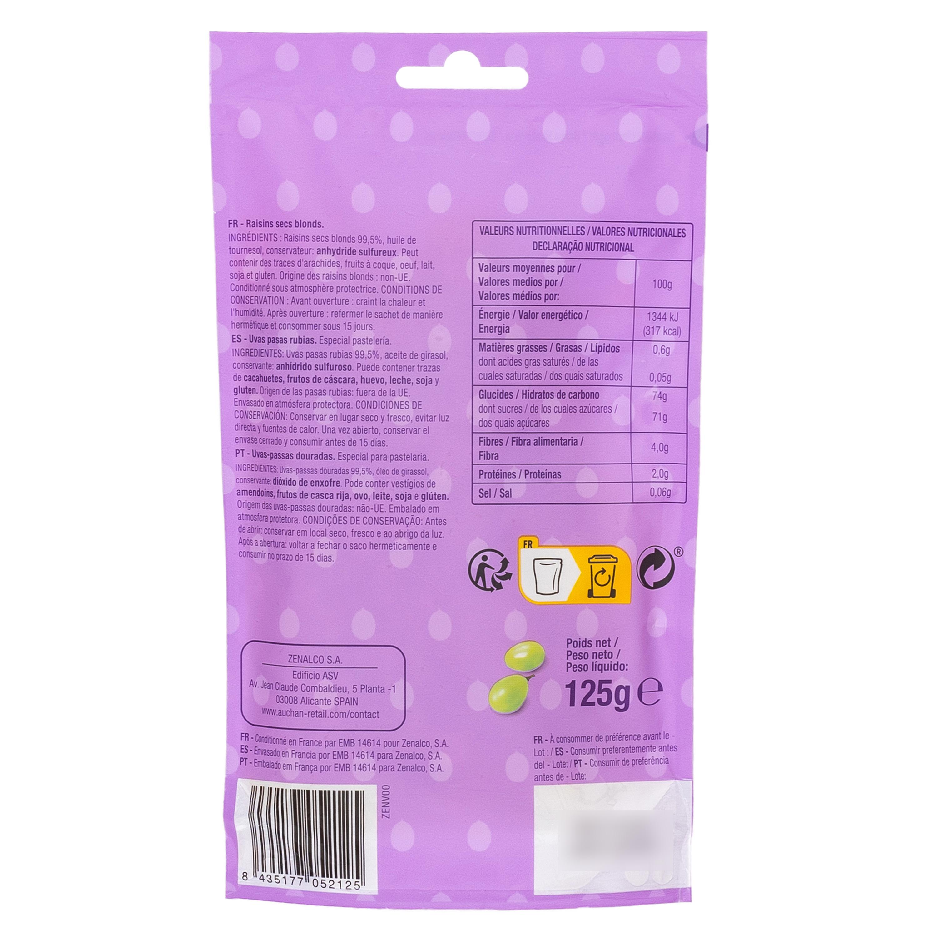 Voir la diapositive 2 : AUCHAN Raisins secs blonds sachet refermable 125g