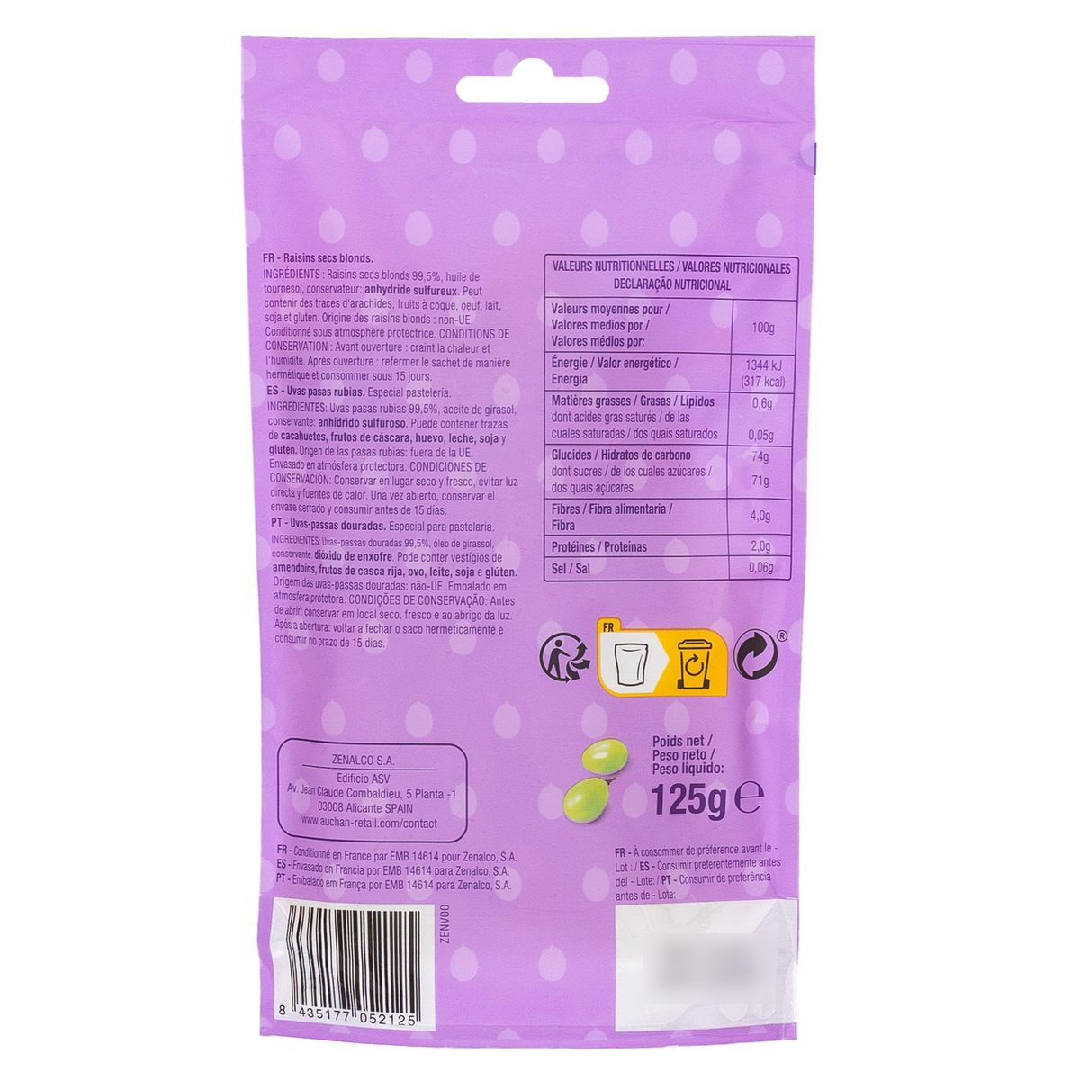 AUCHAN Raisins secs blonds sachet refermable 125g