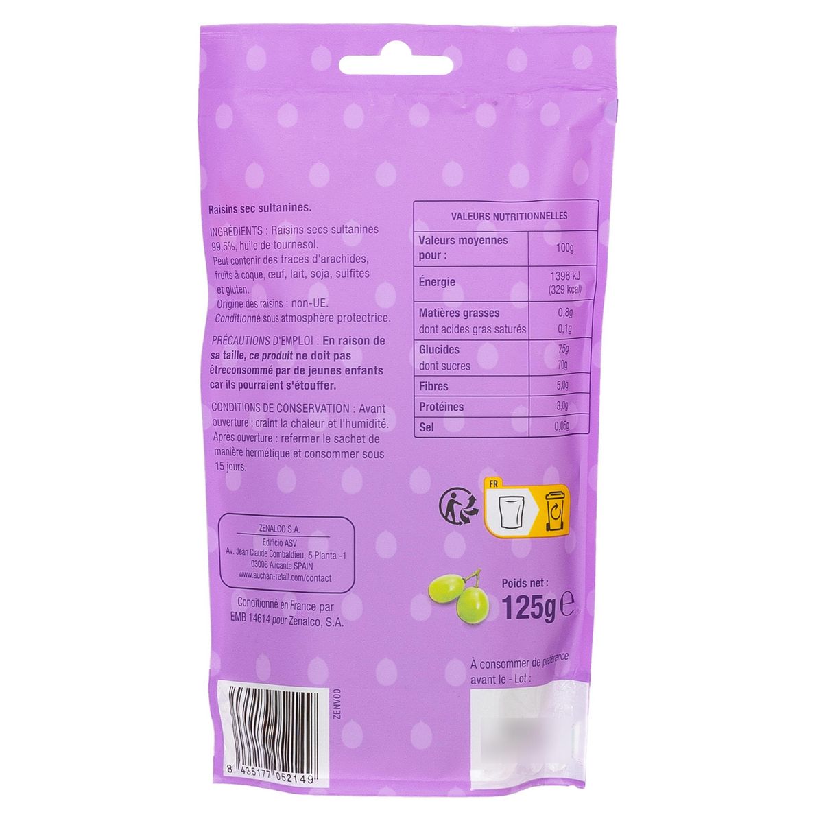 AUCHAN Raisins secs sultanines 125g