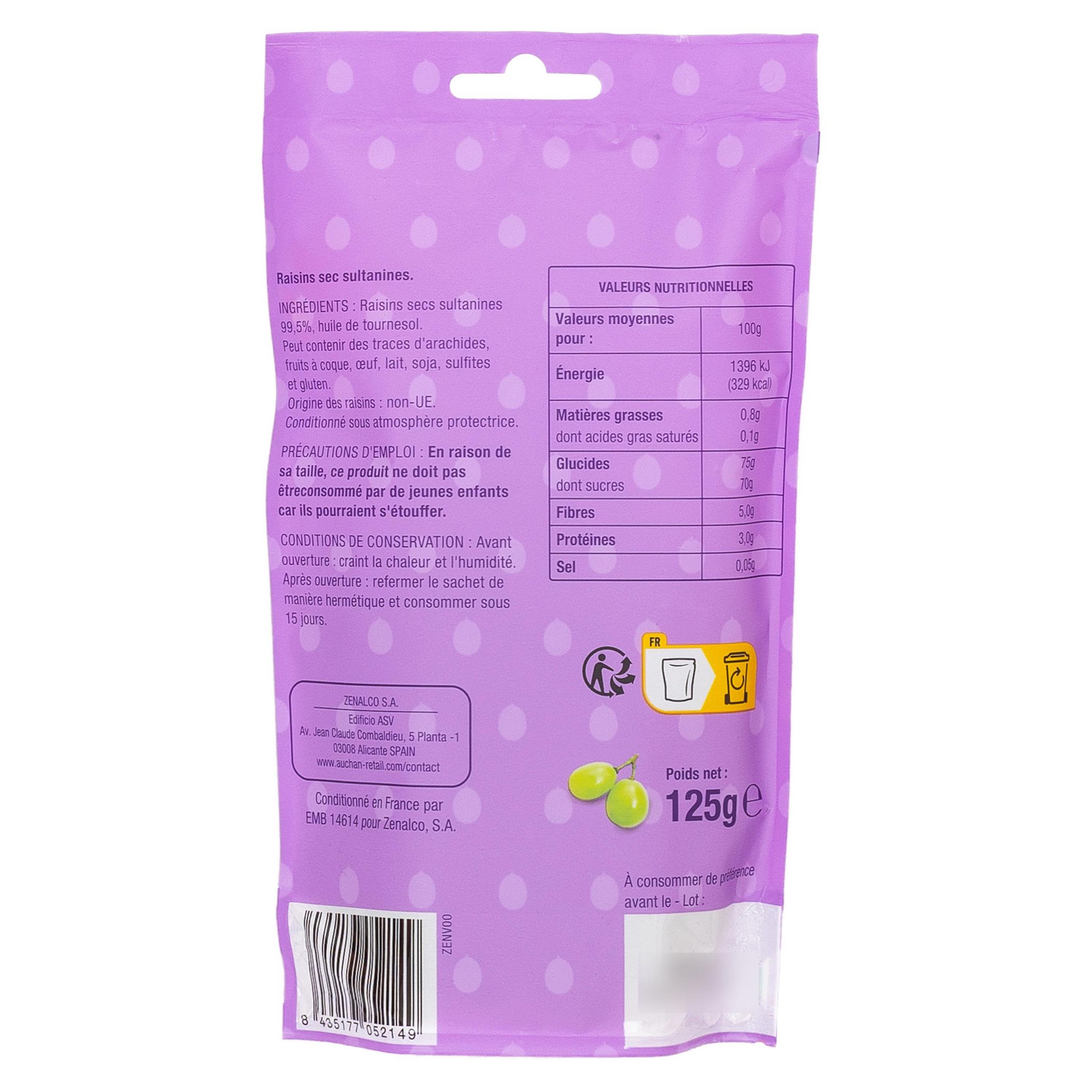Voir la diapositive 2 : AUCHAN Raisins secs sultanines 125g