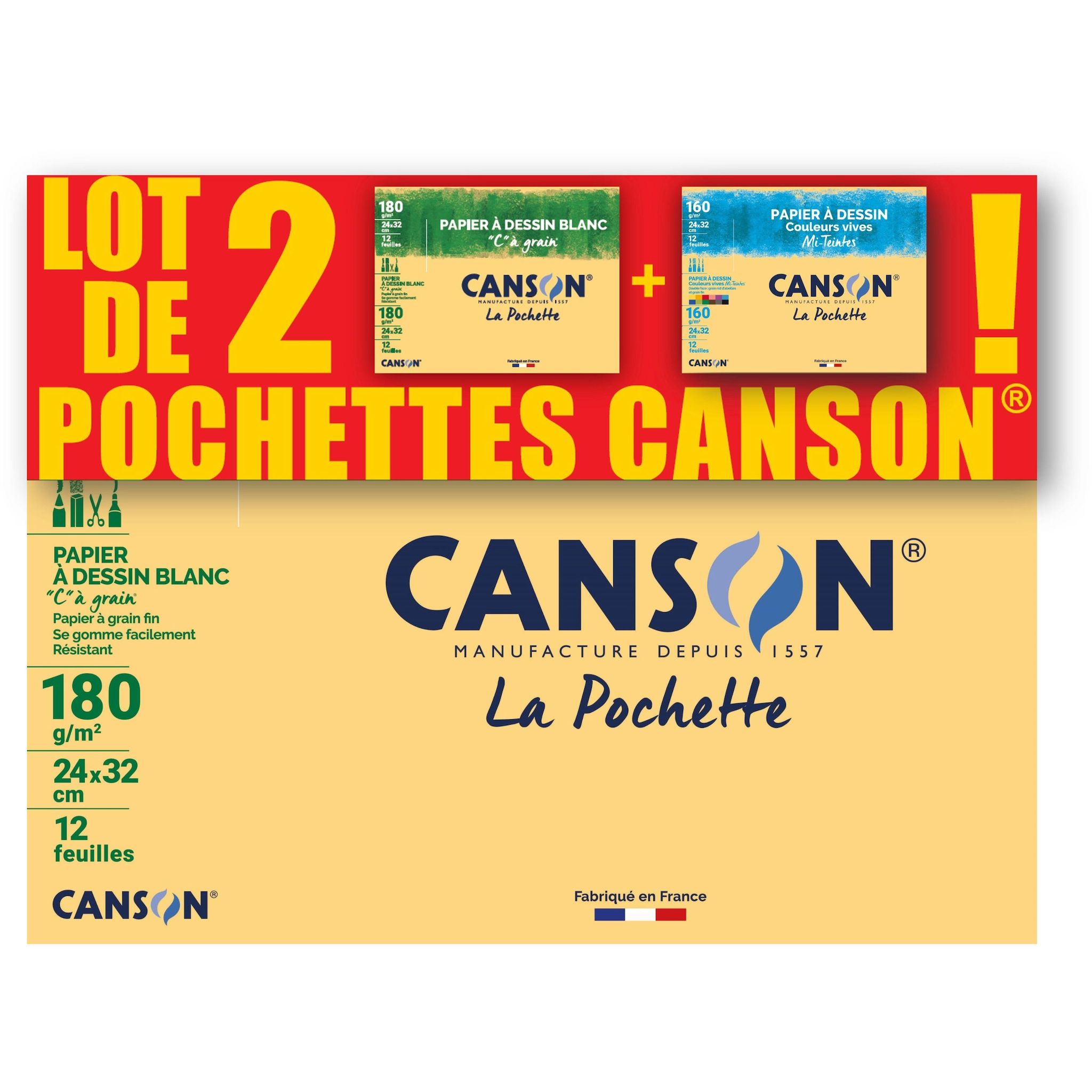 CANSON Lot de 2 pochette de papier à dessin x12 feuilles blanches + x12 feuilles couleurs 24x32cm