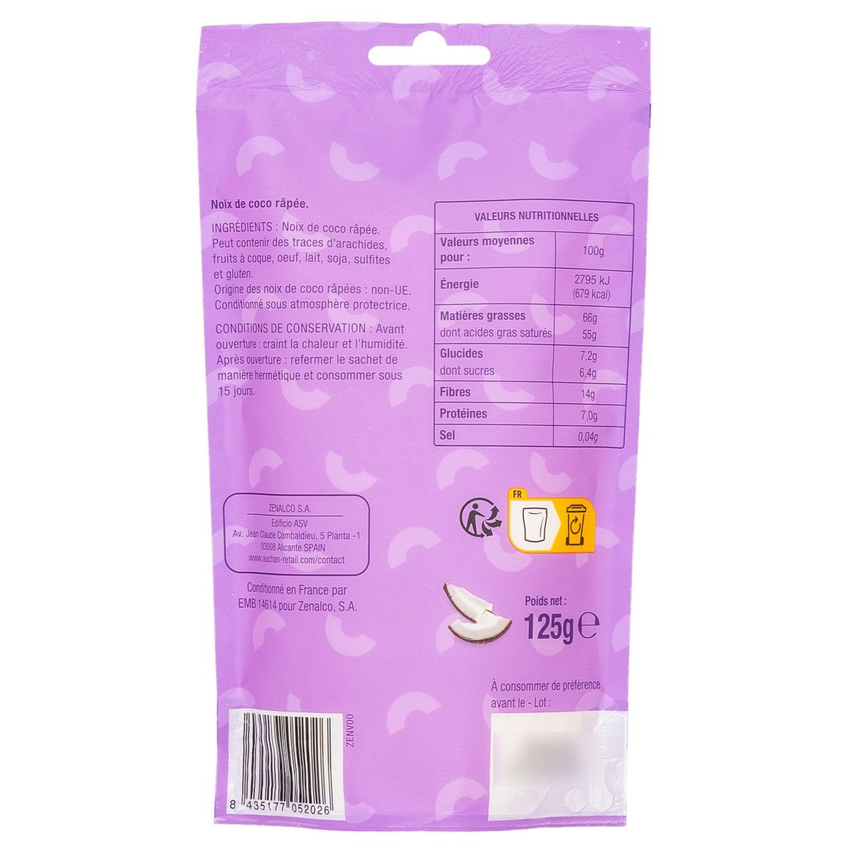 AUCHAN Noix de coco râpée sachet refermable 125g