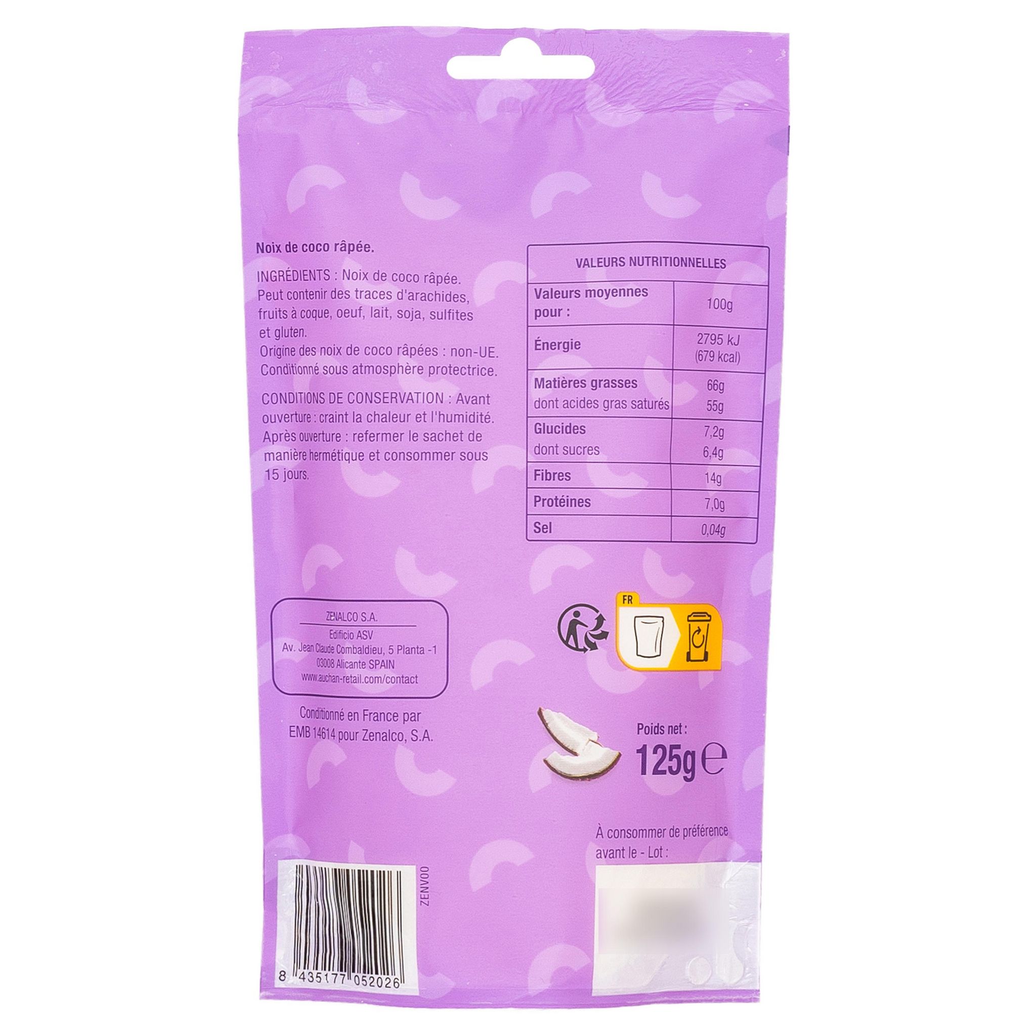 Voir la diapositive 2 : AUCHAN Noix de coco râpée sachet refermable 125g
