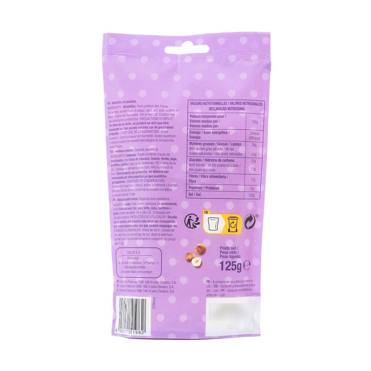 AUCHAN Poudre de noisettes sachet refermable 125g