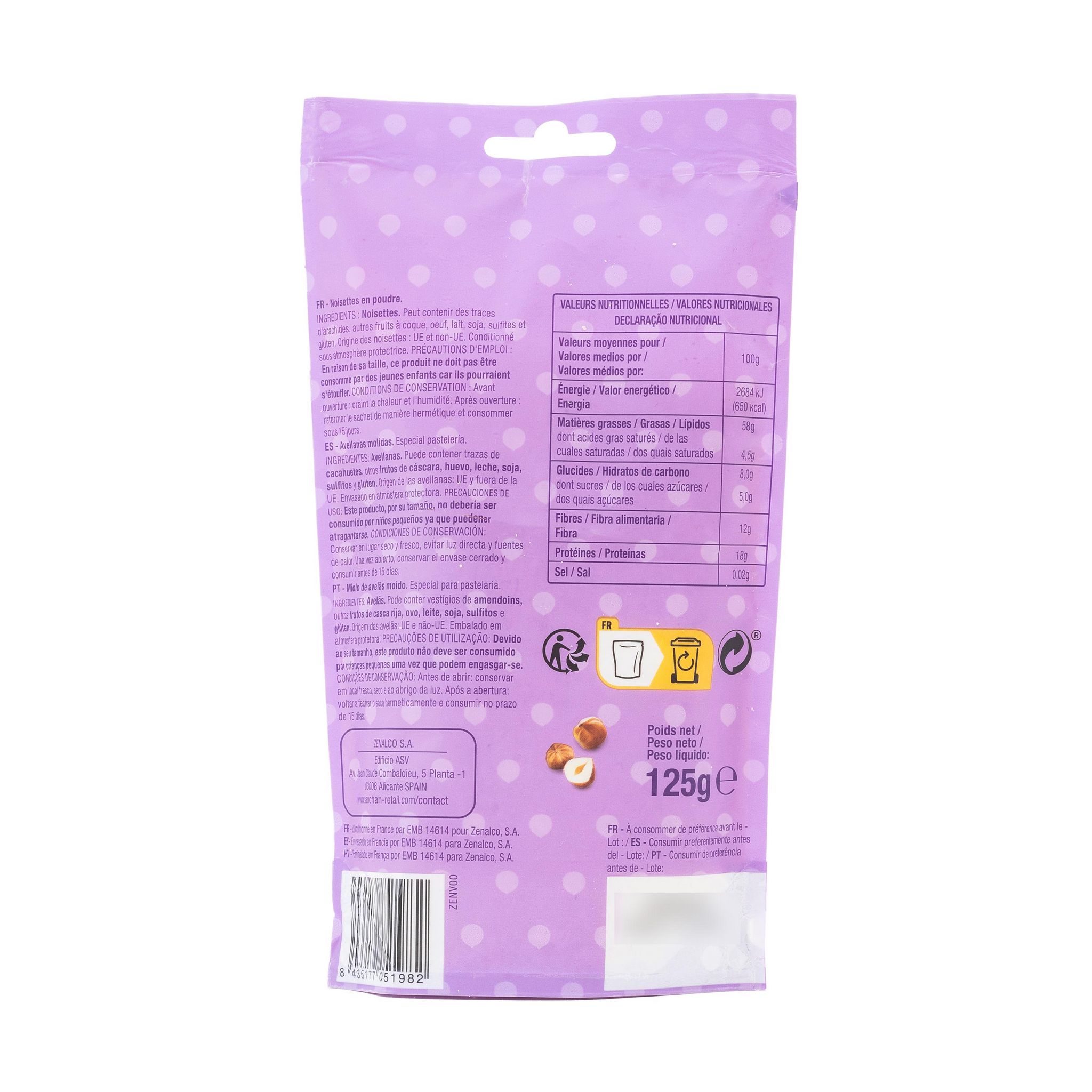 Voir la diapositive 2 : AUCHAN Poudre de noisettes sachet refermable 125g