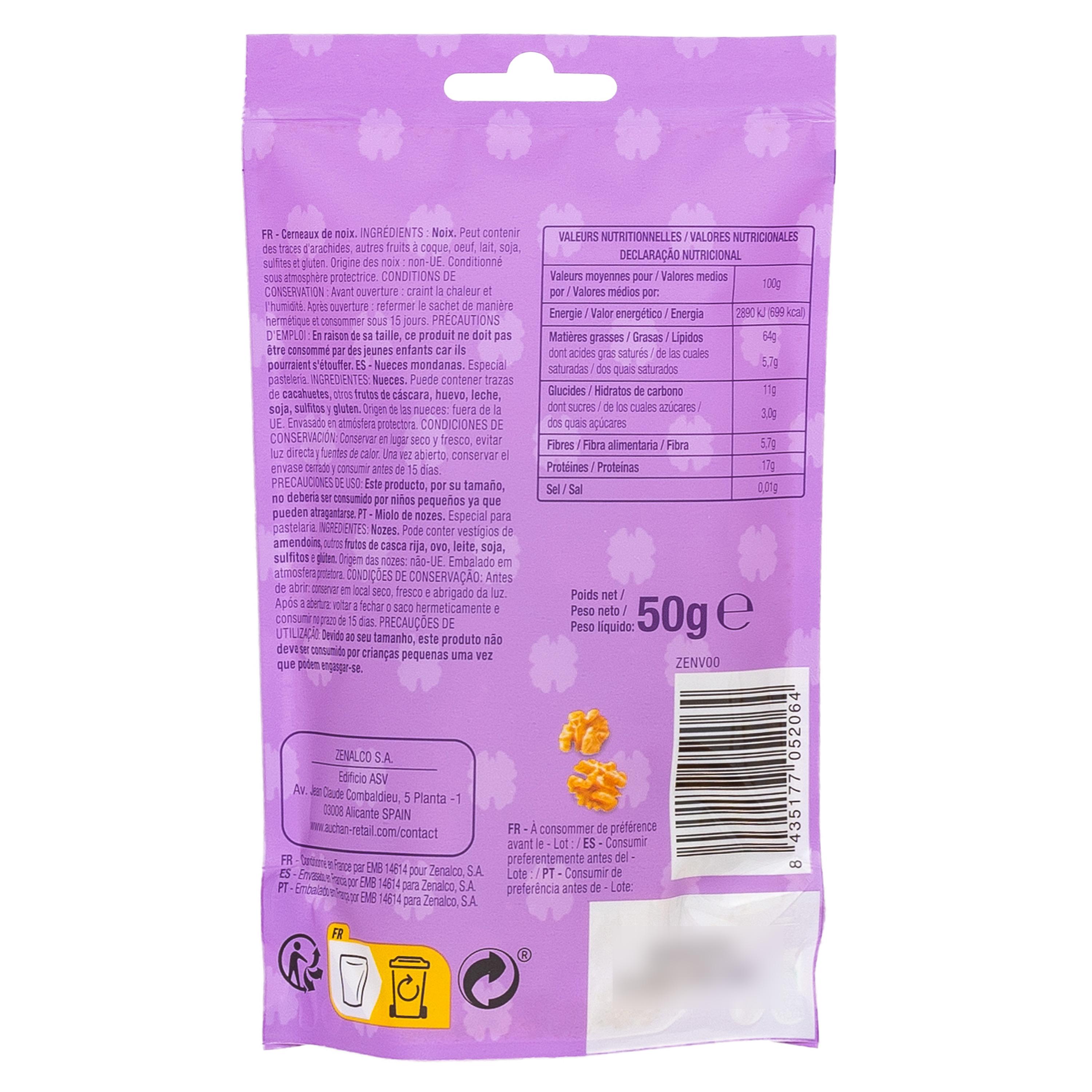 Voir la diapositive 2 : AUCHAN Cerneaux de noix sachet refermable 50g