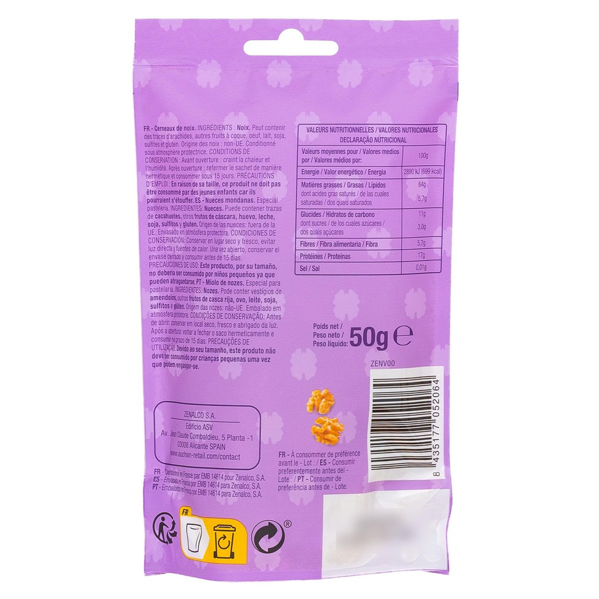AUCHAN Cerneaux de noix sachet refermable 50g