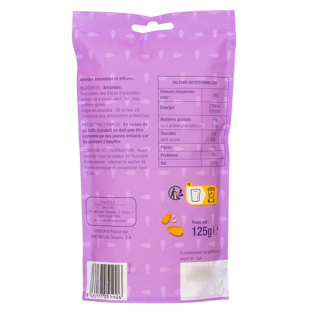AUCHAN Amandes effilées et émondées sachet refermable 125g