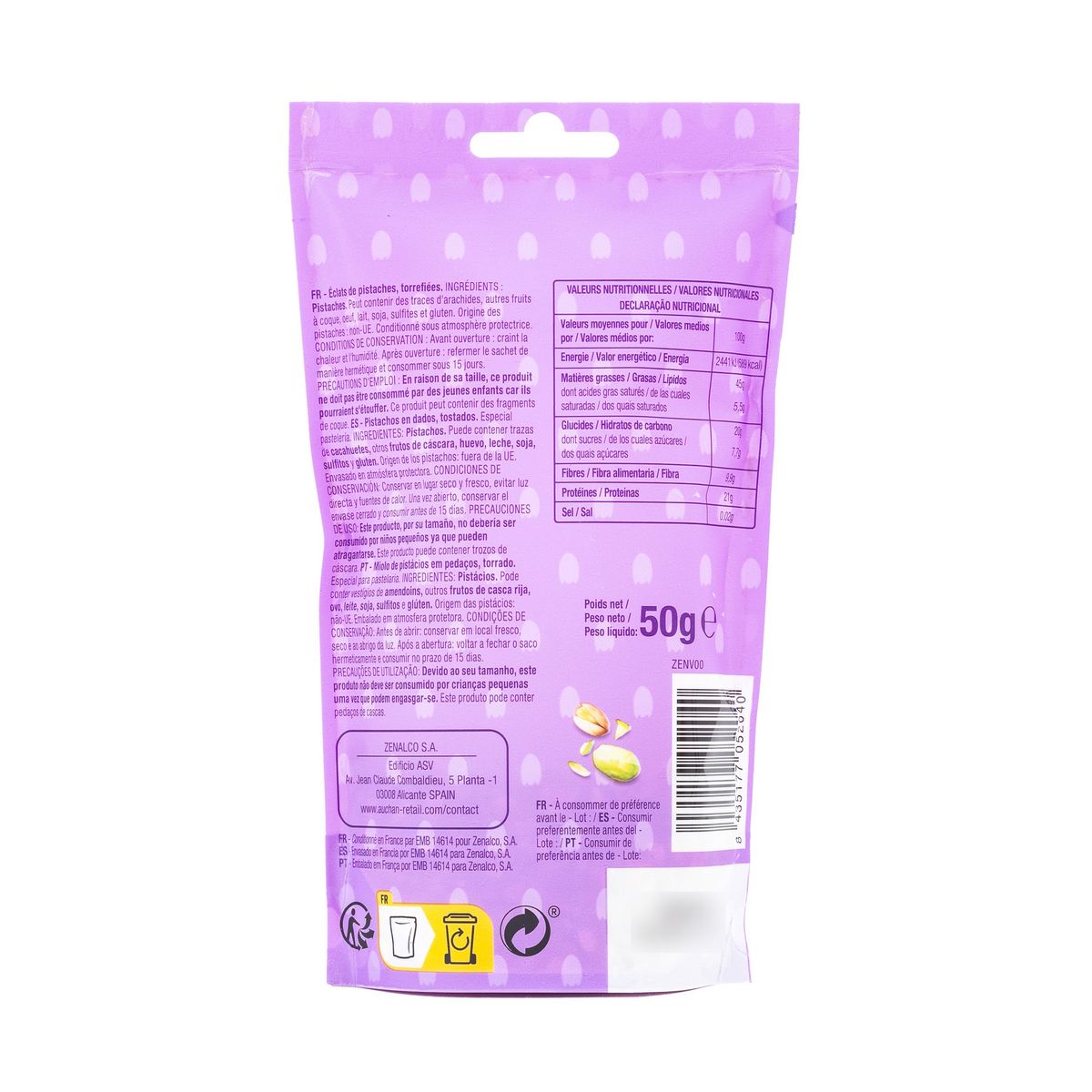 AUCHAN Pistaches concassées sachet refermable 50g