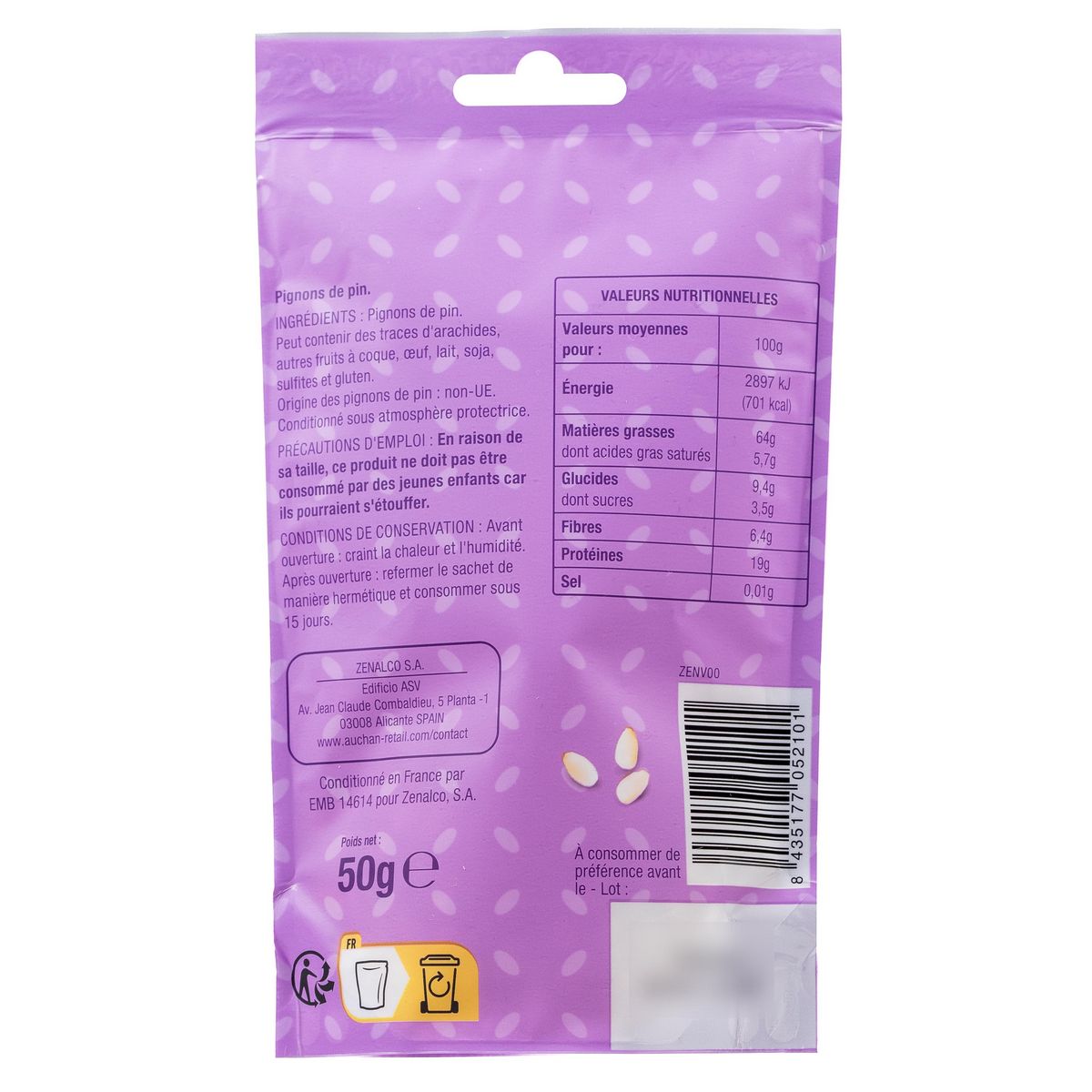 AUCHAN Pignons de pin décortiqués sachet refermable 50g