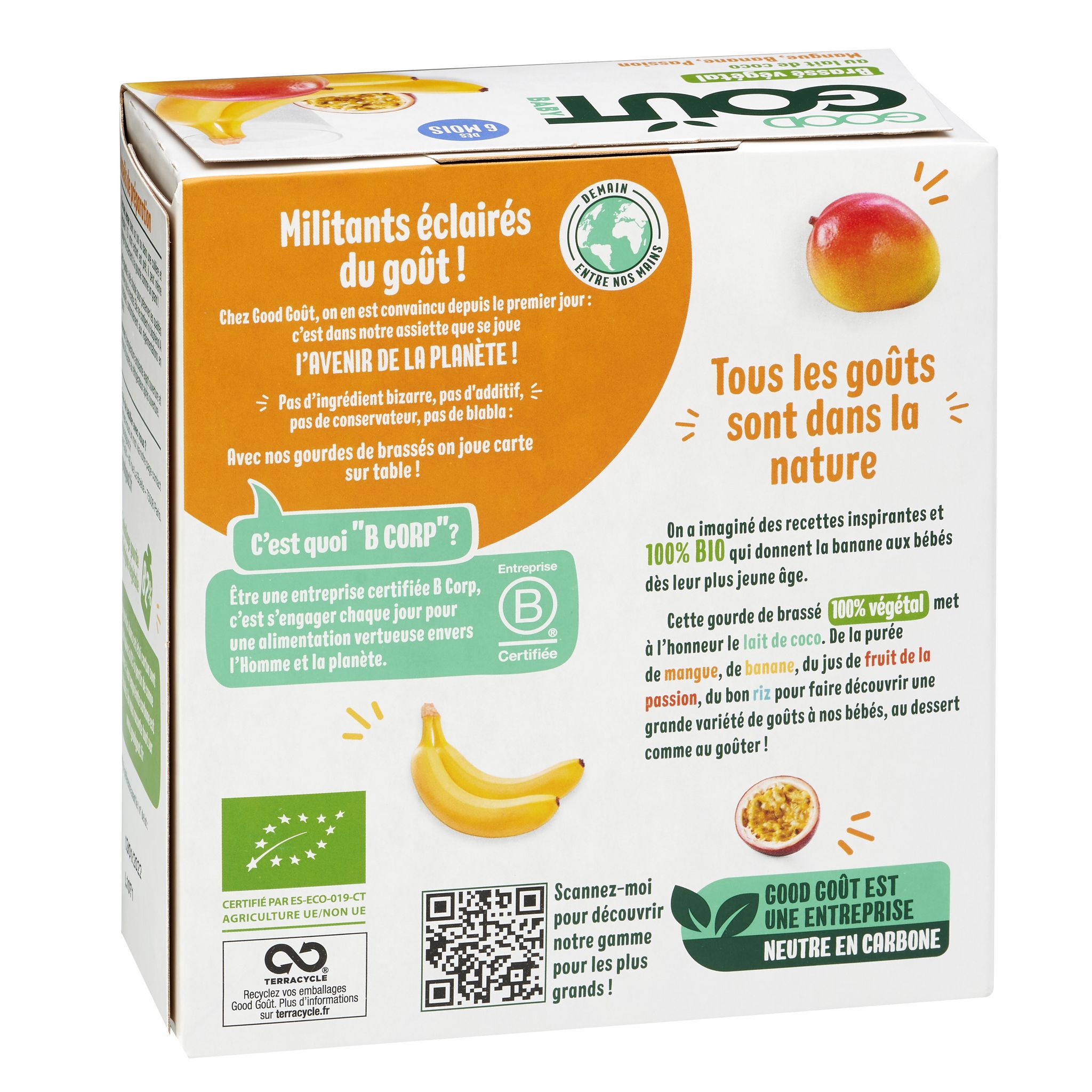 Voir la diapositive 2 : GOOD GOUT Brassé végétal au lait de coco mangue banane et passion bio sans sucres ajoutés dès 6 mois 4x85g