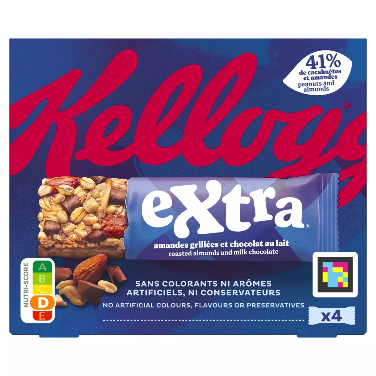 KELLOGG'S Extra Barres de céréales aux amandes grillées et chocolat au lait 4 barres 128g