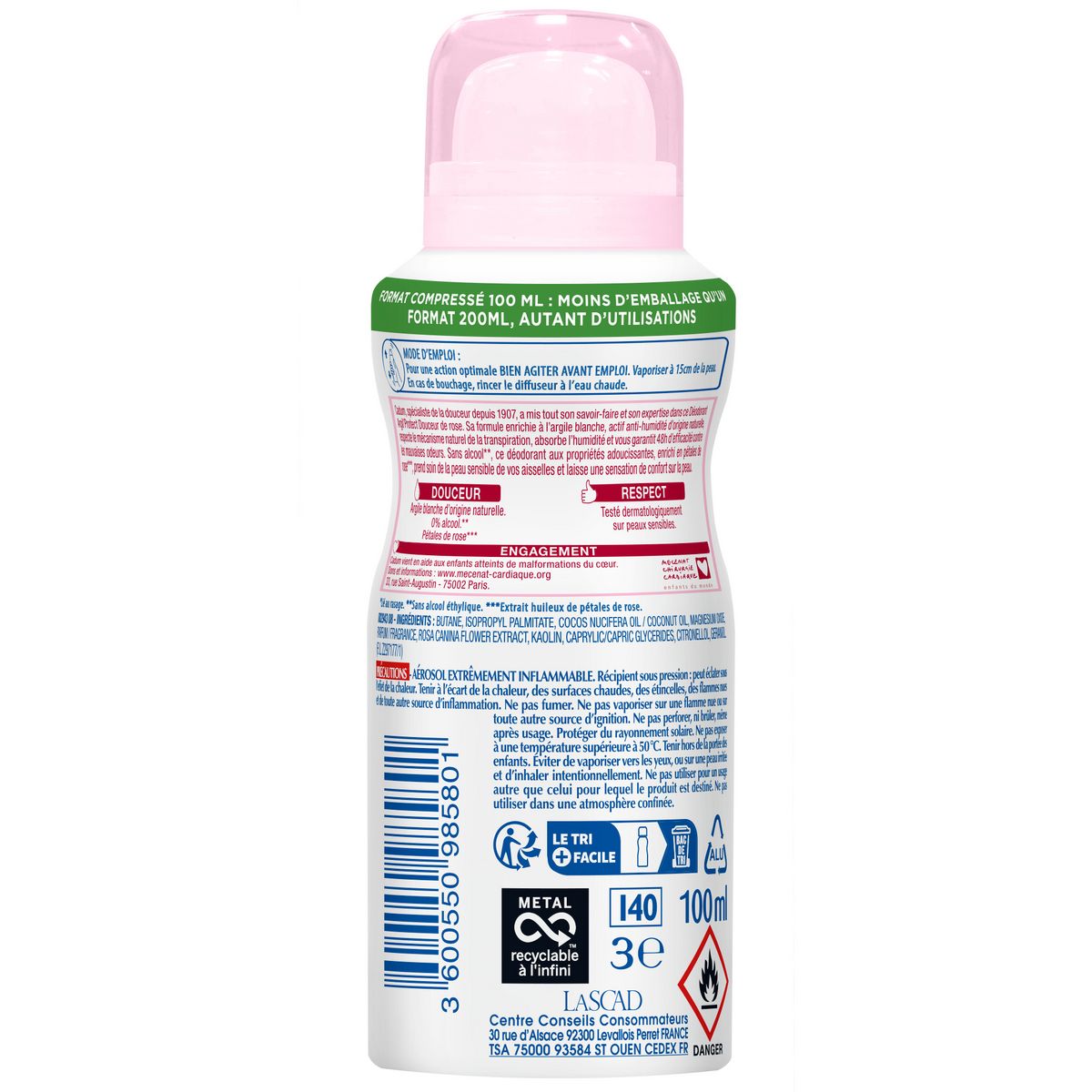 CADUM Déodorant spray 48h compressé douceur de roses sans alcool 100ml