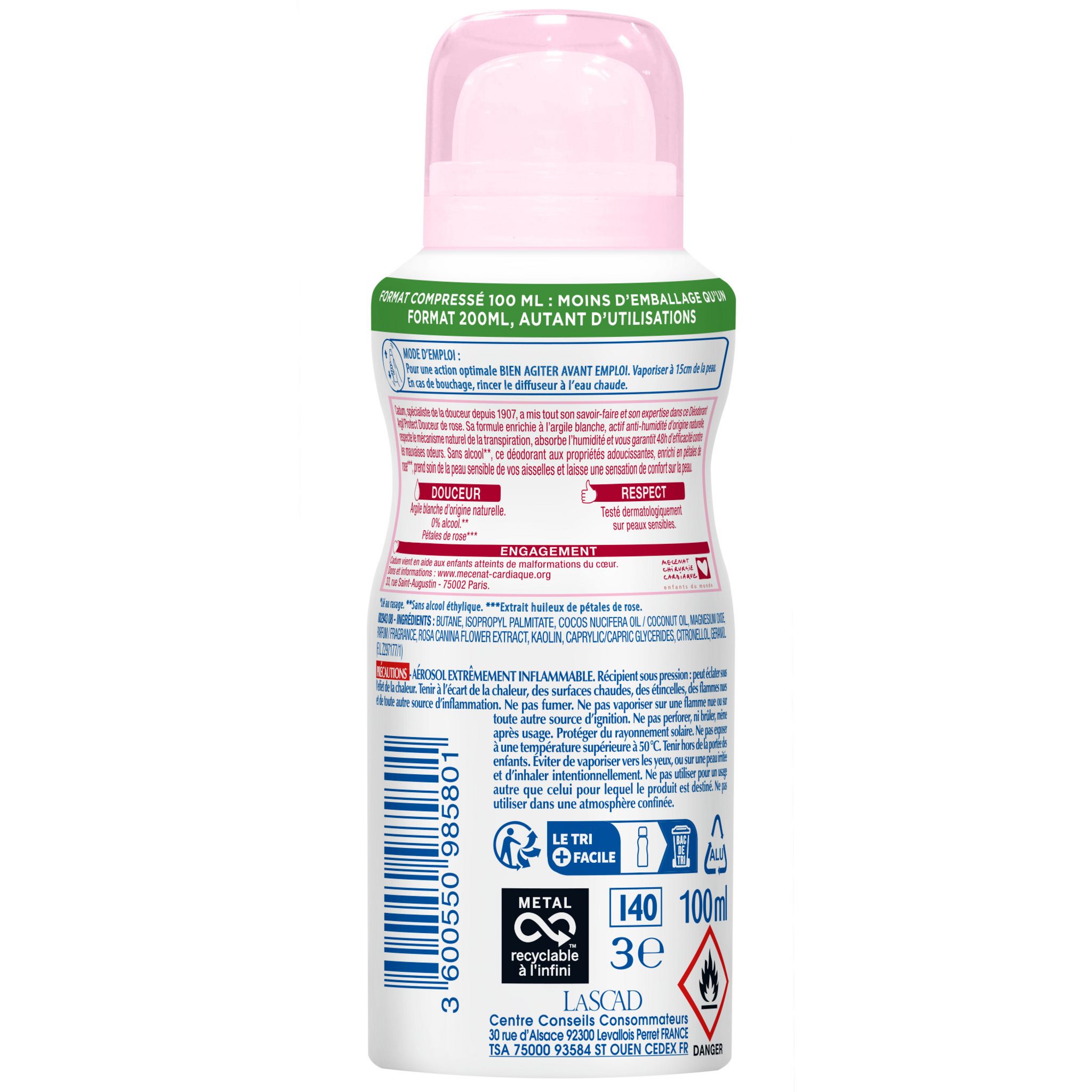Voir la diapositive 2 : CADUM Déodorant spray 48h compressé douceur de roses sans alcool 100ml