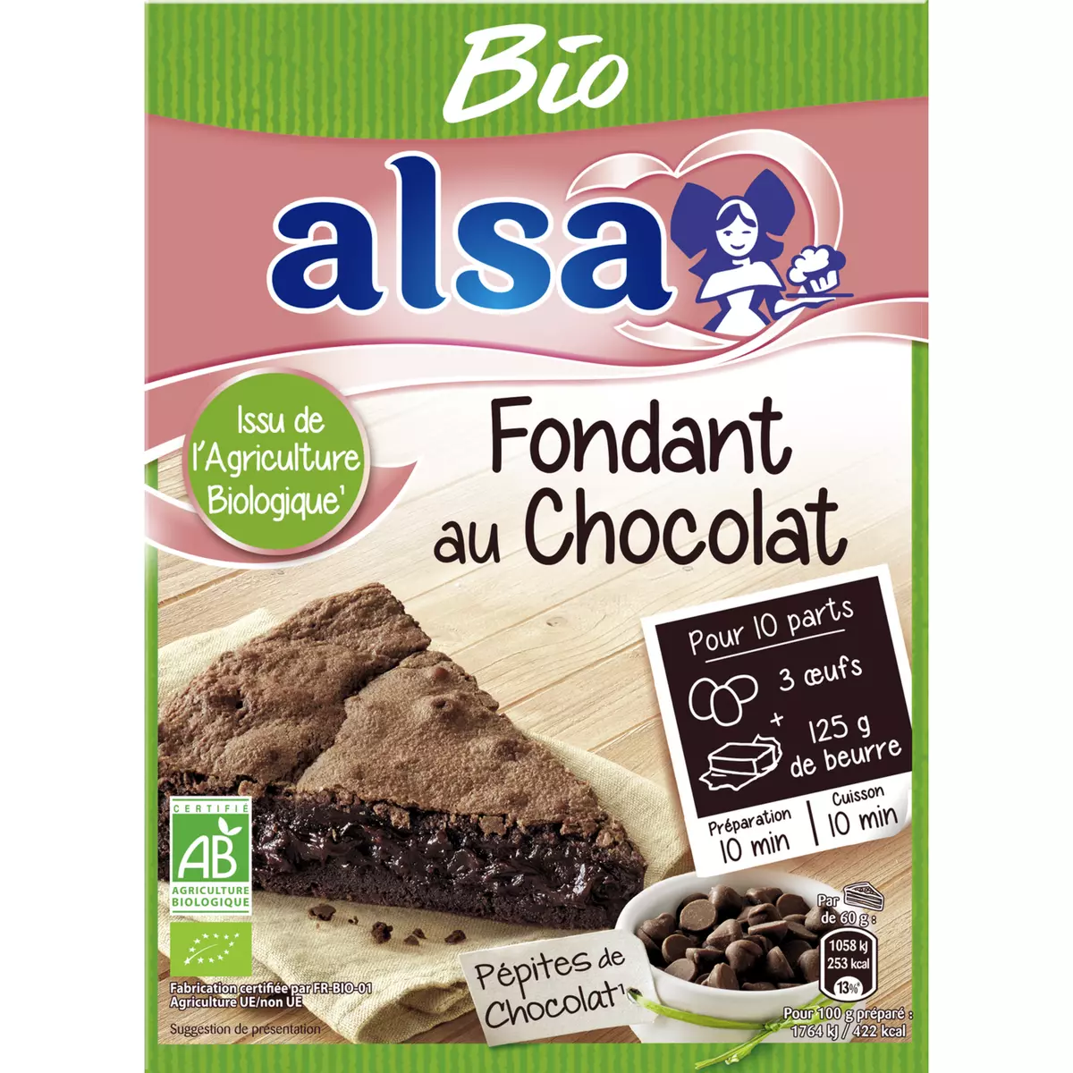 ALSA Préparation pour fondant au chocolat bio 10 parts 315g
