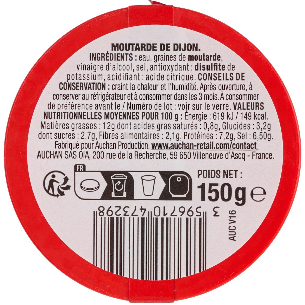 AUCHAN Moutarde forte de Dijon 150g