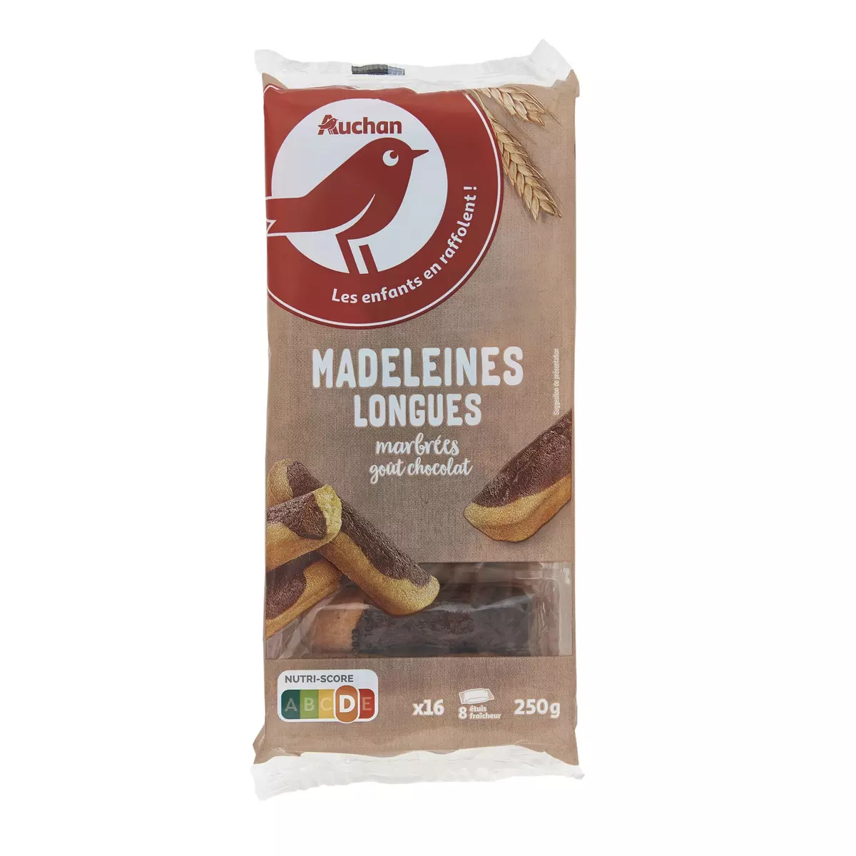 AUCHAN Madeleines longues marbrées goût chocolat sachets fraîcheur 8x2 madeleines 250g