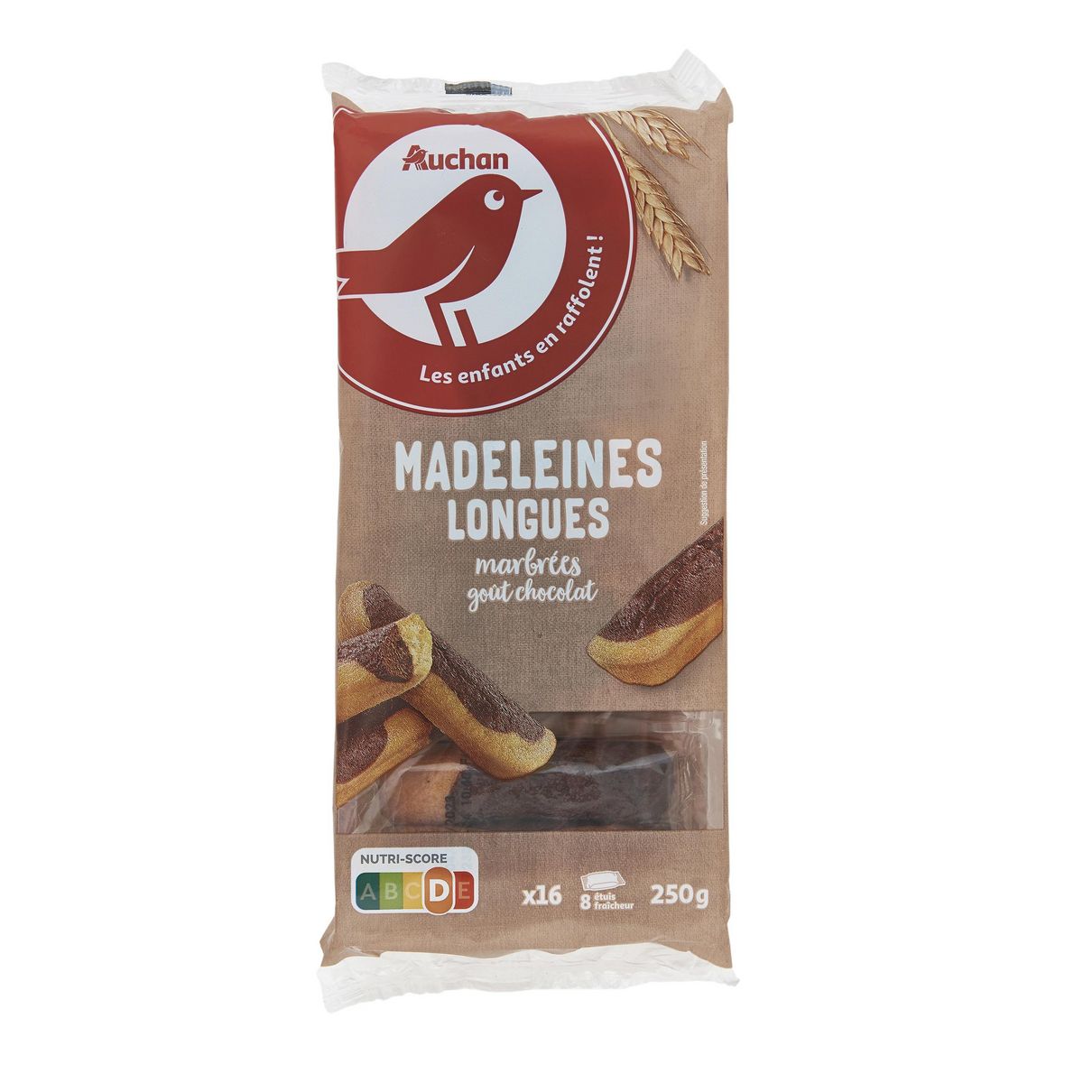 AUCHAN Madeleines longues marbrées goût chocolat sachets fraîcheur 8x2 madeleines 250g
