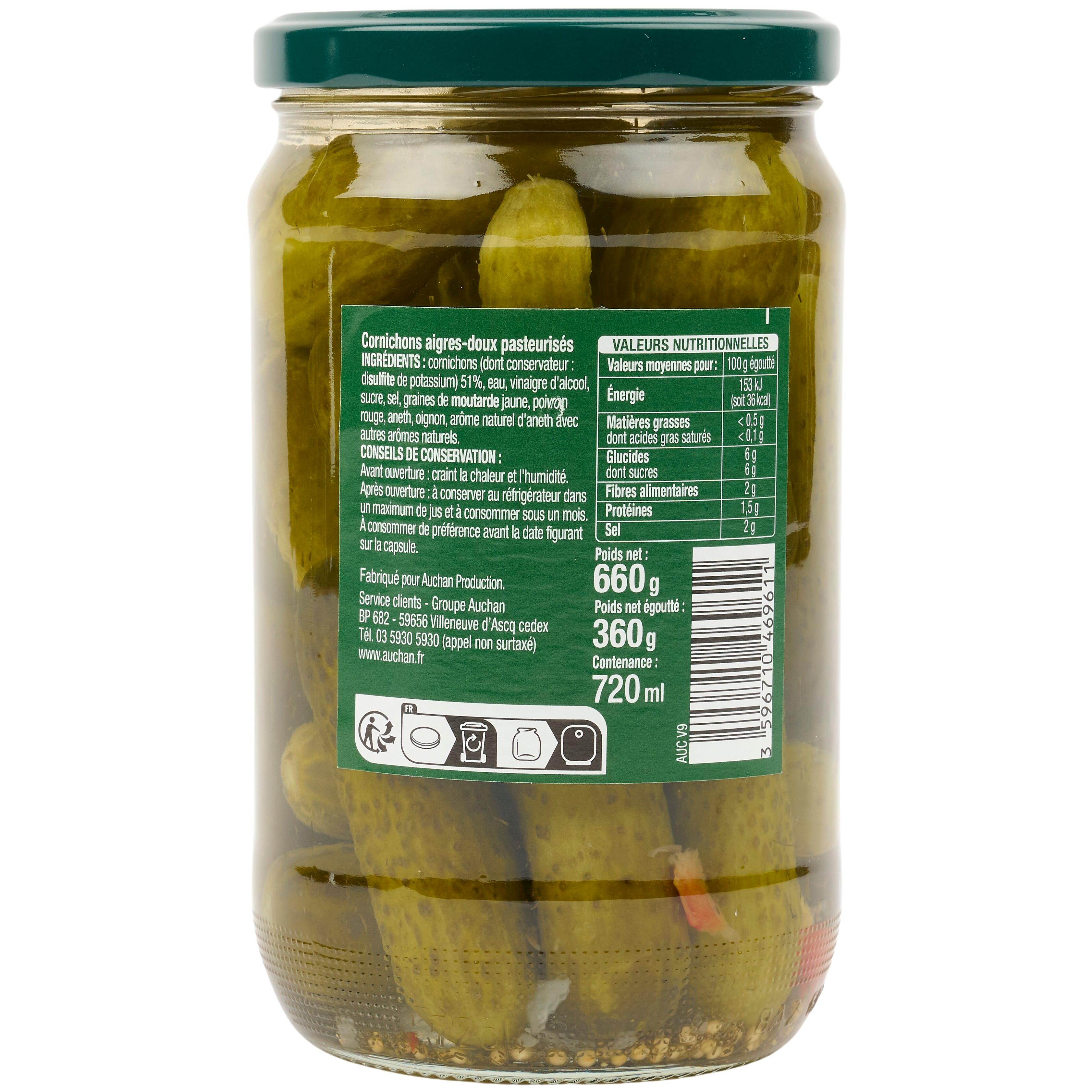 Voir la diapositive 2 : AUCHAN Cornichons aigres-doux 360g