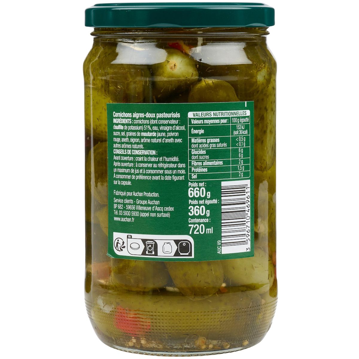 AUCHAN Cornichons aigres-doux 360g
