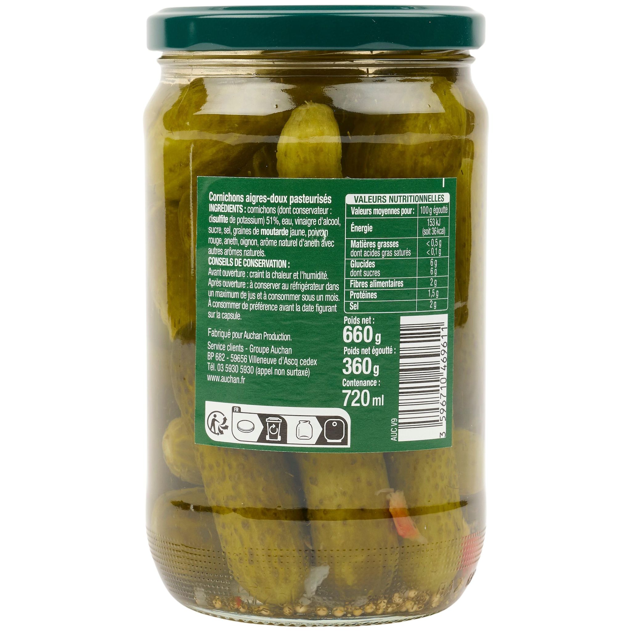 Voir la diapositive 4 : AUCHAN Cornichons aigres-doux 360g