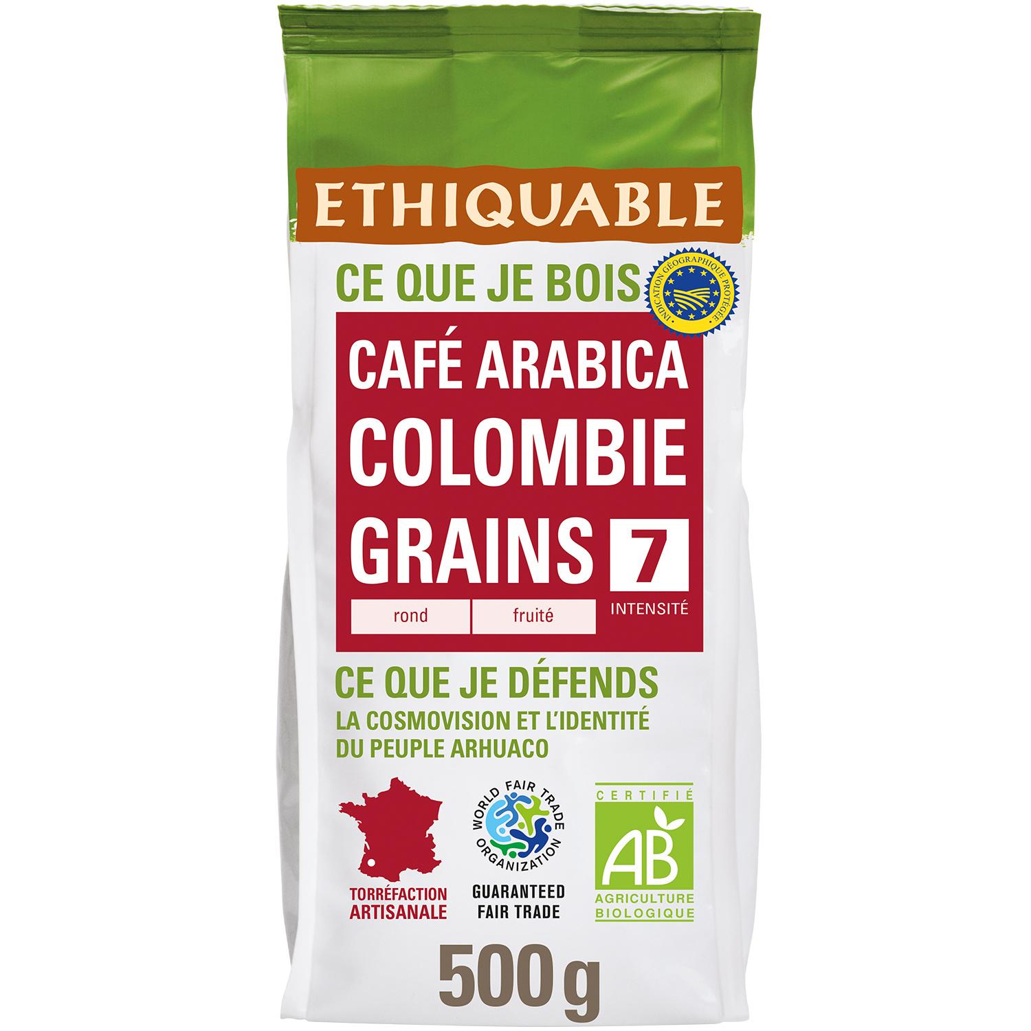 ETHIQUABLE Café bio en grains Arabica Colombie terroirs Cauca rond et fruité IGP intensité 4 500g
