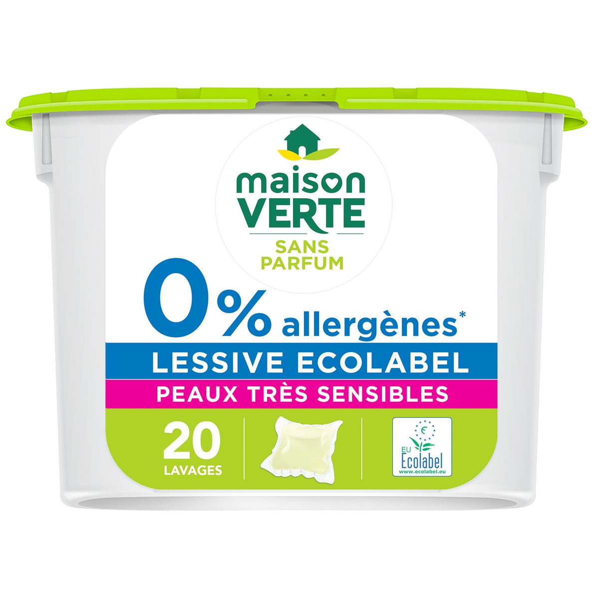 MAISON VERTE Lessive capsules ecolabel peaux très sensibles sans parfum 20 capsules
