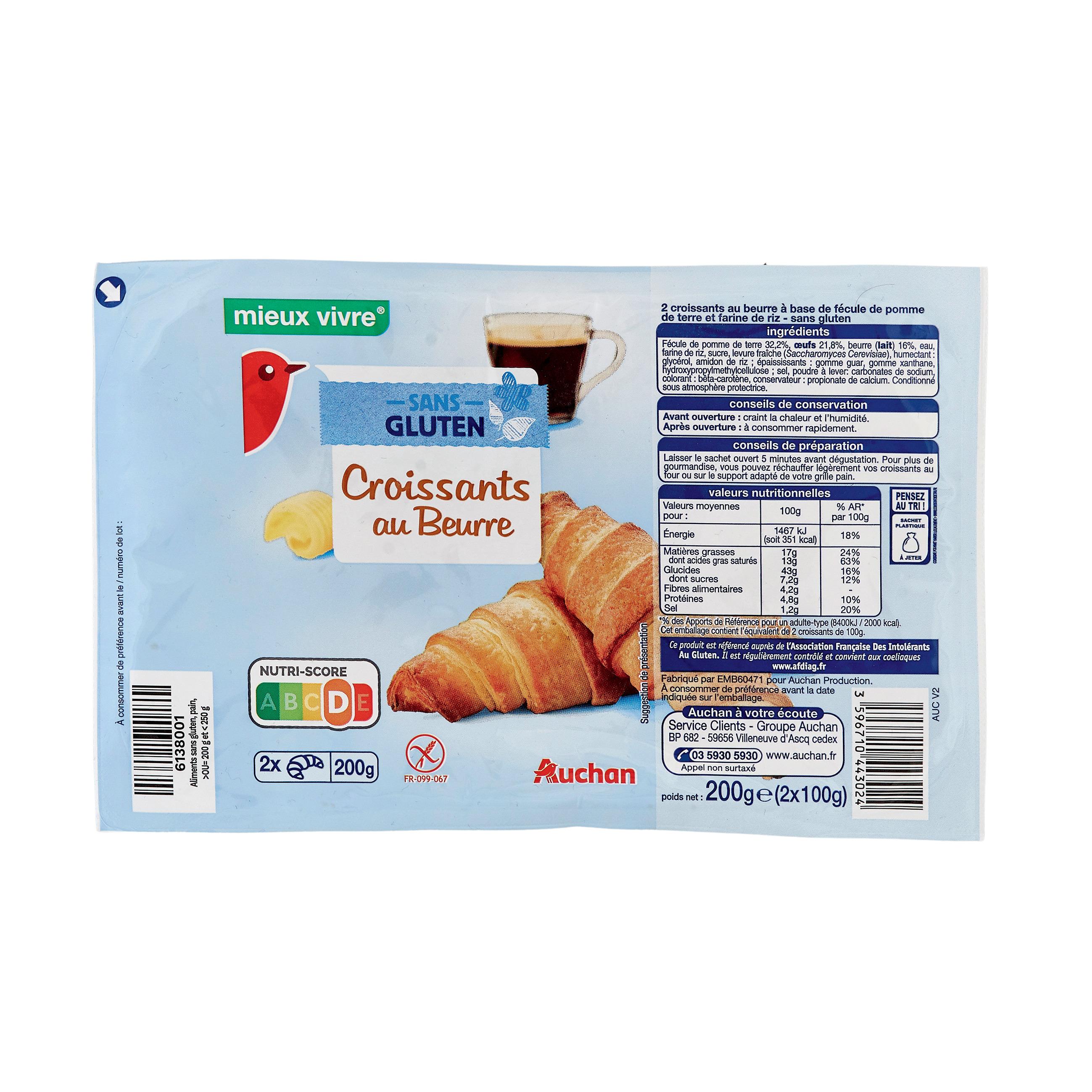 Voir la diapositive 2 : AUCHAN Croissants au beurre sans gluten 2 croissants 200g