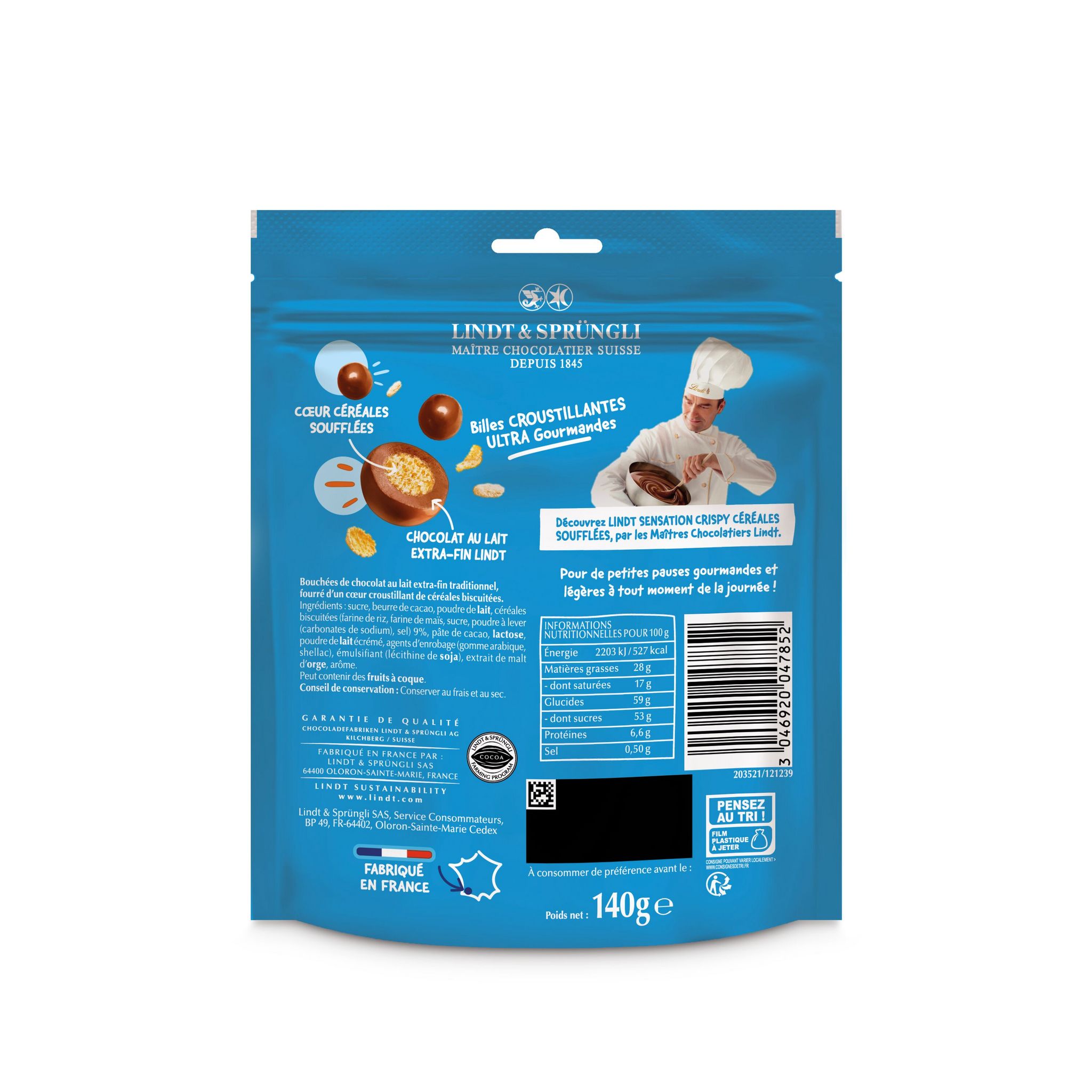 Voir la diapositive 2 : LINDT Sensation crispy billes de chocolat au lait cœur croustillant de céréales soufflées 140g