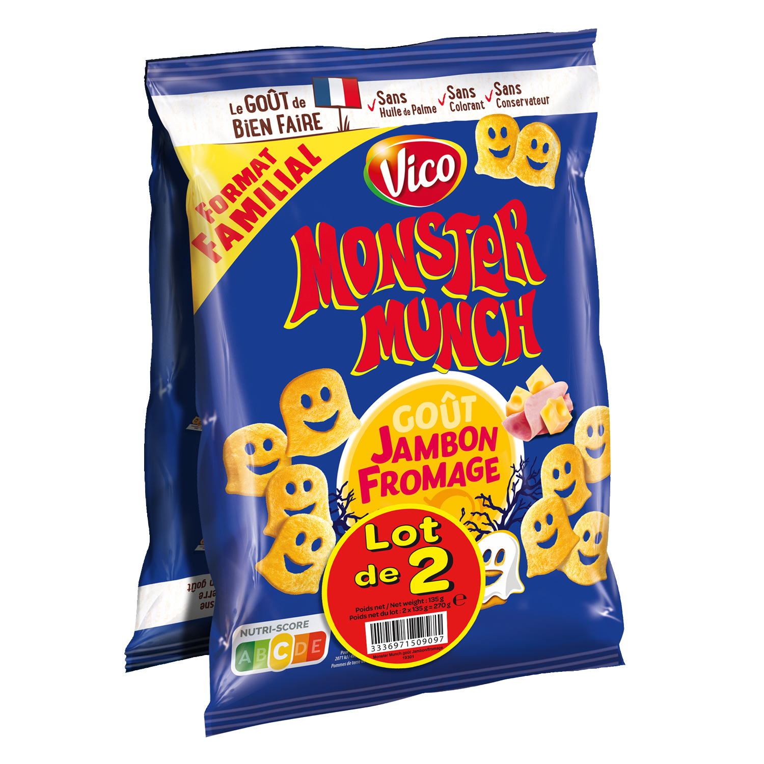 MONSTER MUNCH Biscuits soufflés goût jambon et fromage format familial 2x135g