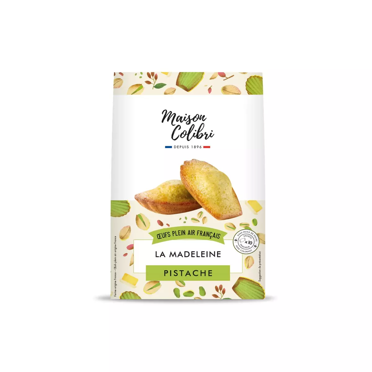MAISON COLIBRI Madeleines pistache 100% pur beurre aux œufs frais sachets individuels 10 madeleines 250g