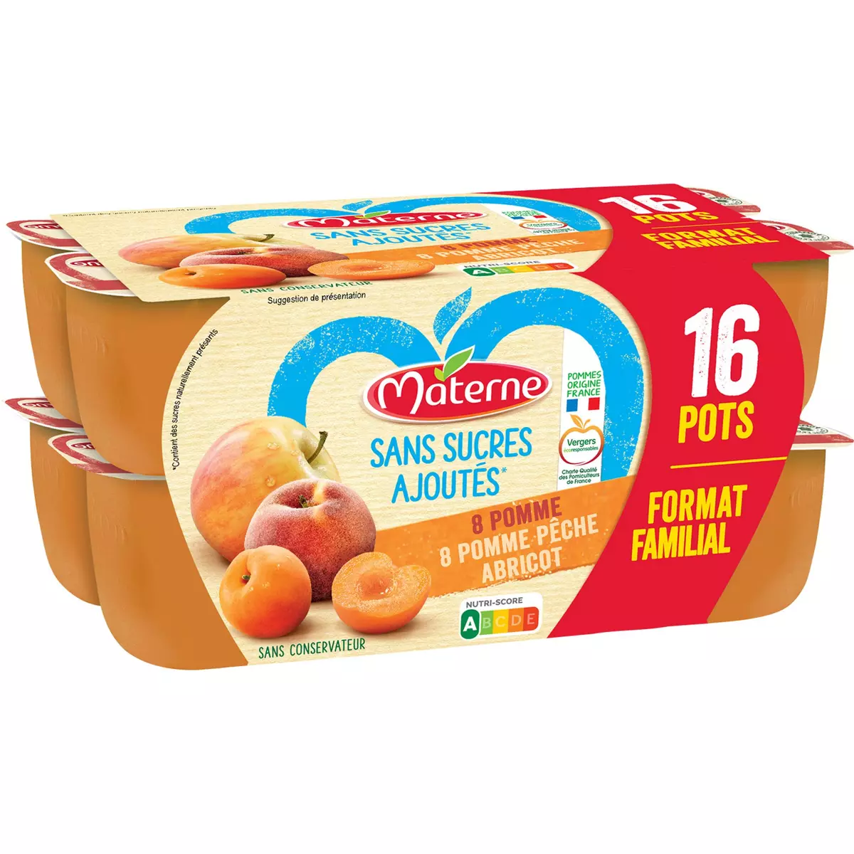 MATERNE Dessert compote pomme pêche abricot sans sucres ajoutés 16x100g
