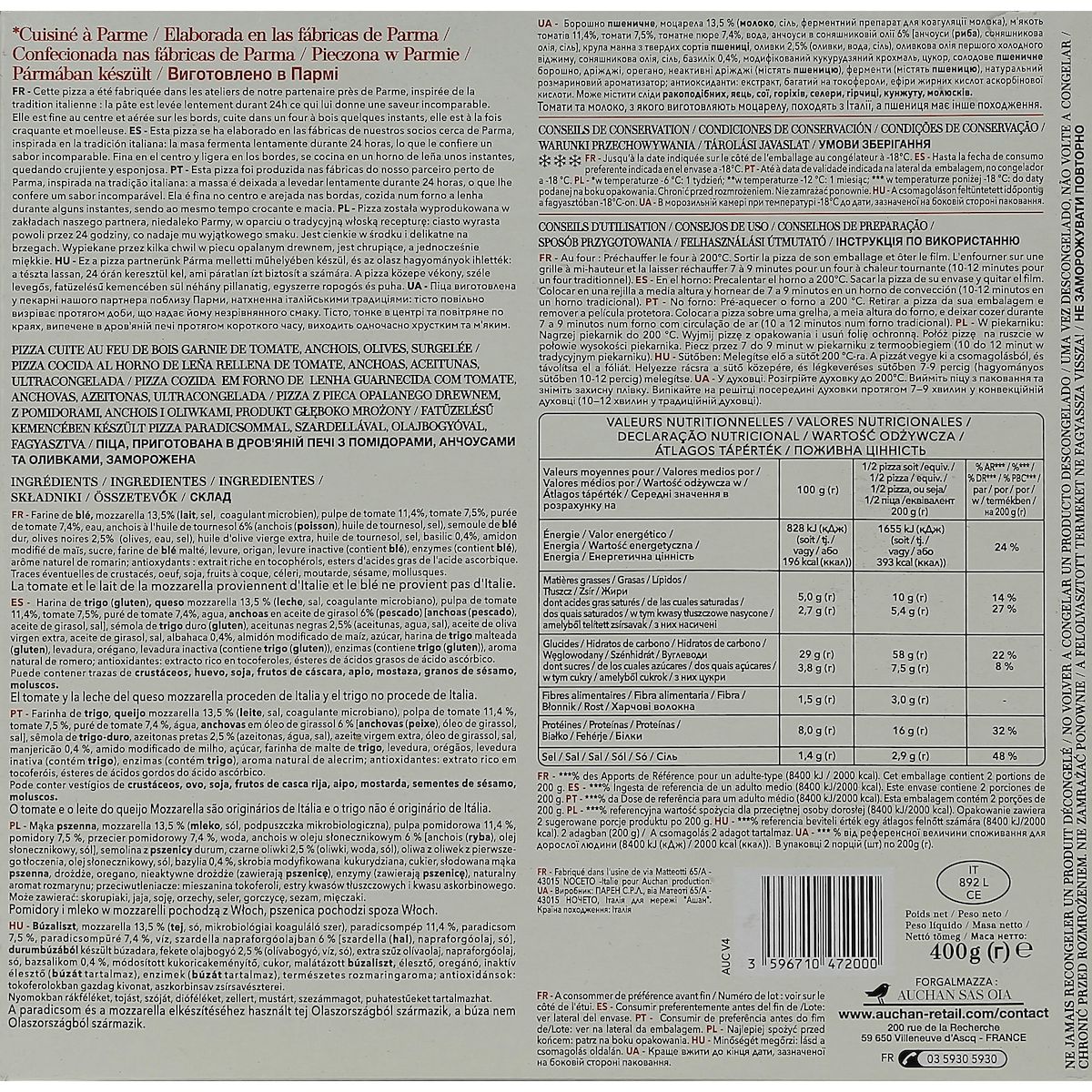 AUCHAN TAVOLA IN ITALIA Pizza Napoli aux anchois cuite au four à bois 400g