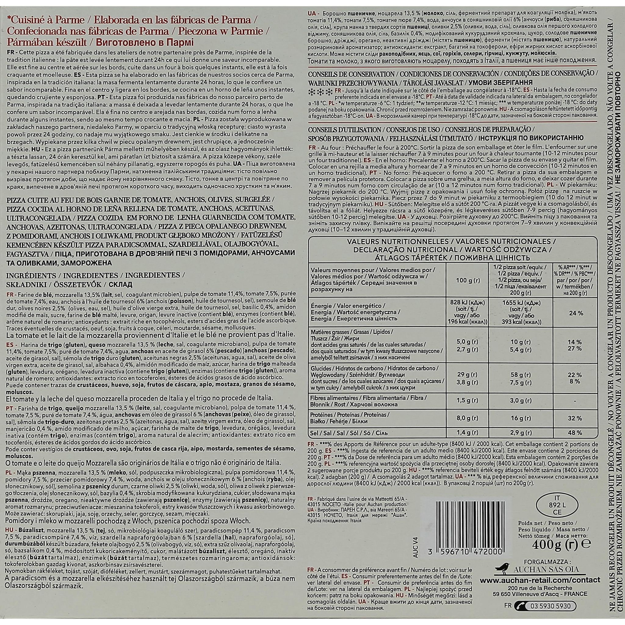 Voir la diapositive 2 : AUCHAN TAVOLA IN ITALIA Pizza Napoli aux anchois cuite au four à bois 400g