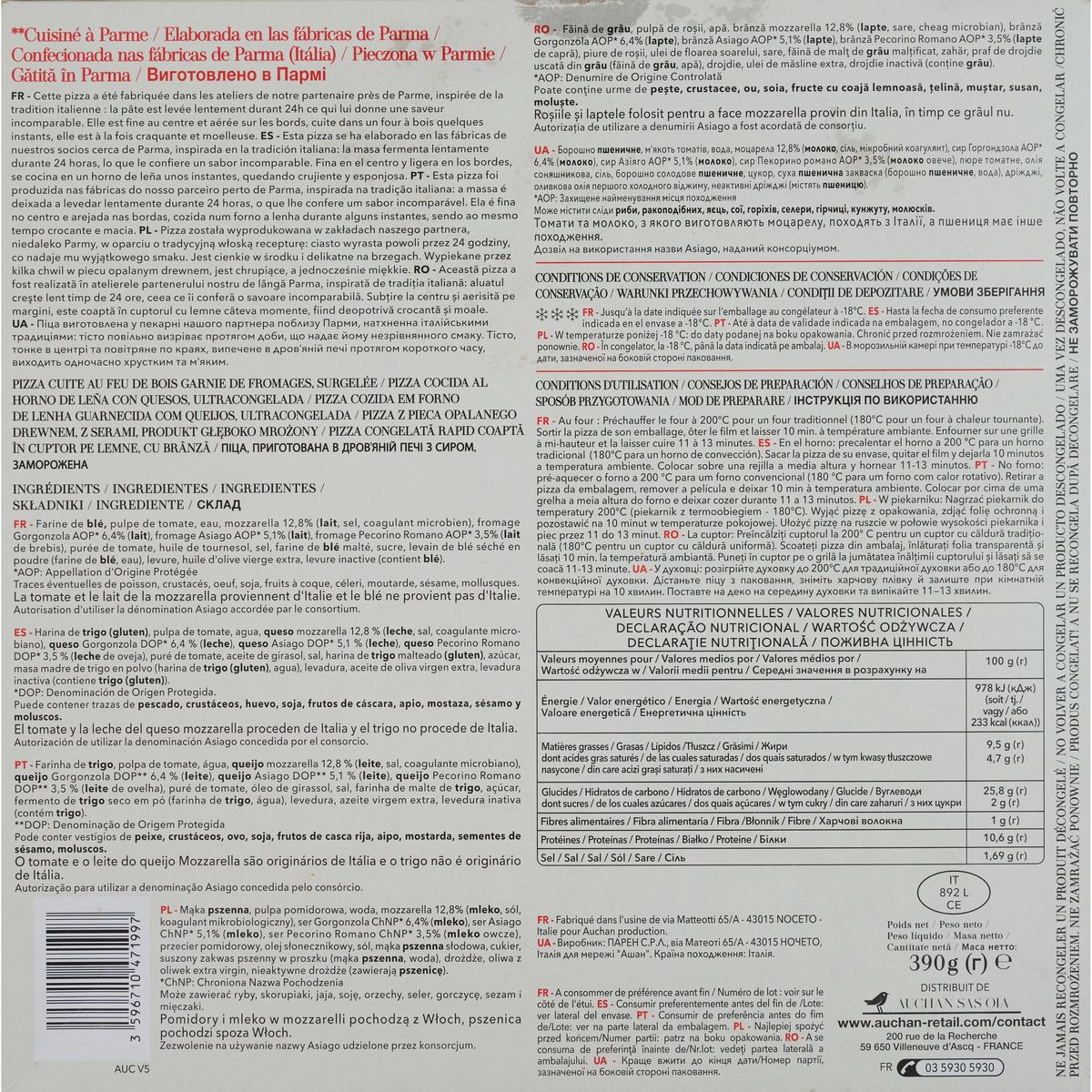 AUCHAN TAVOLA IN ITALIA Pizza 4 fromaggi cuite au feu de bois 390g