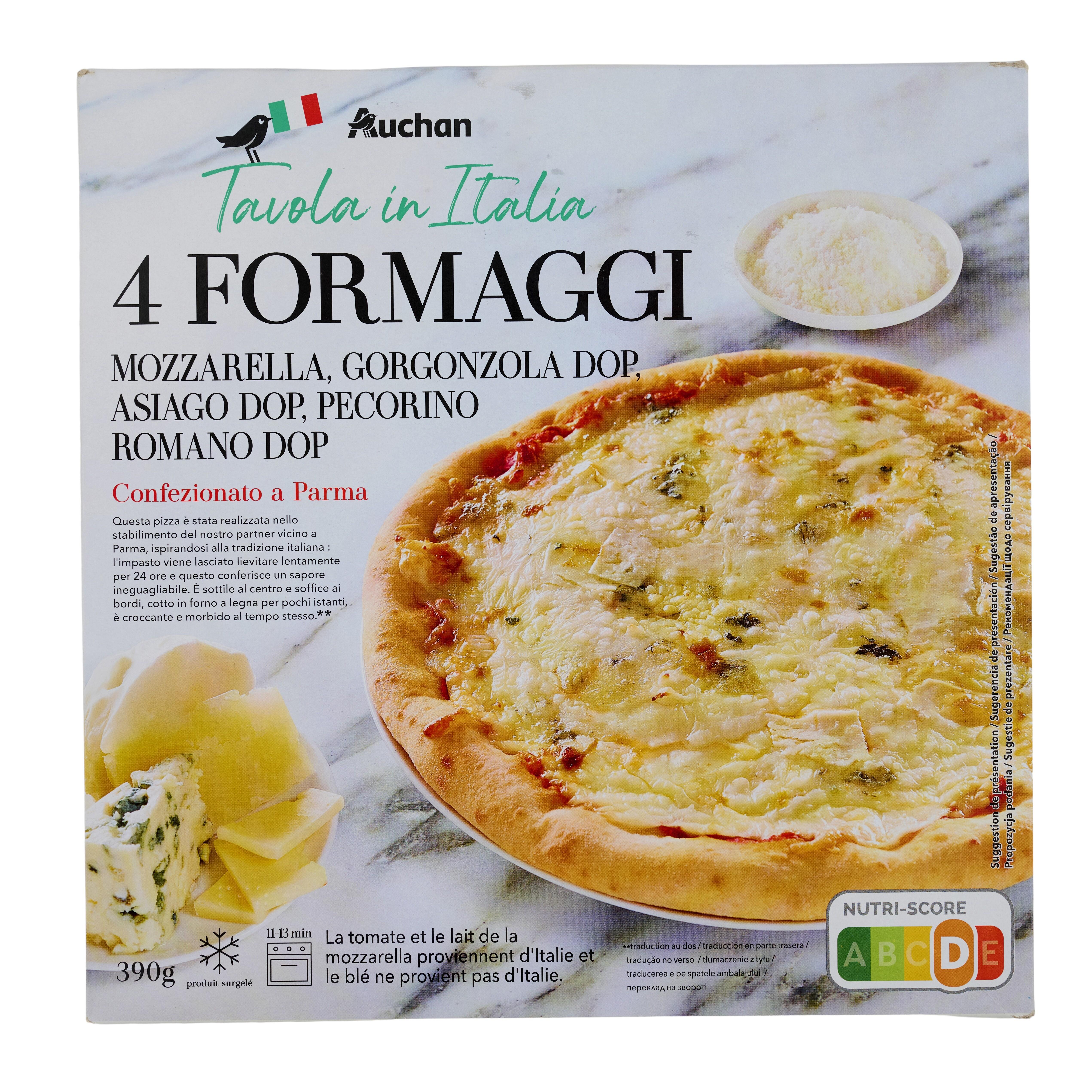 Voir la diapositive 3 : AUCHAN TAVOLA IN ITALIA Pizza 4 fromaggi cuite au feu de bois 390g
