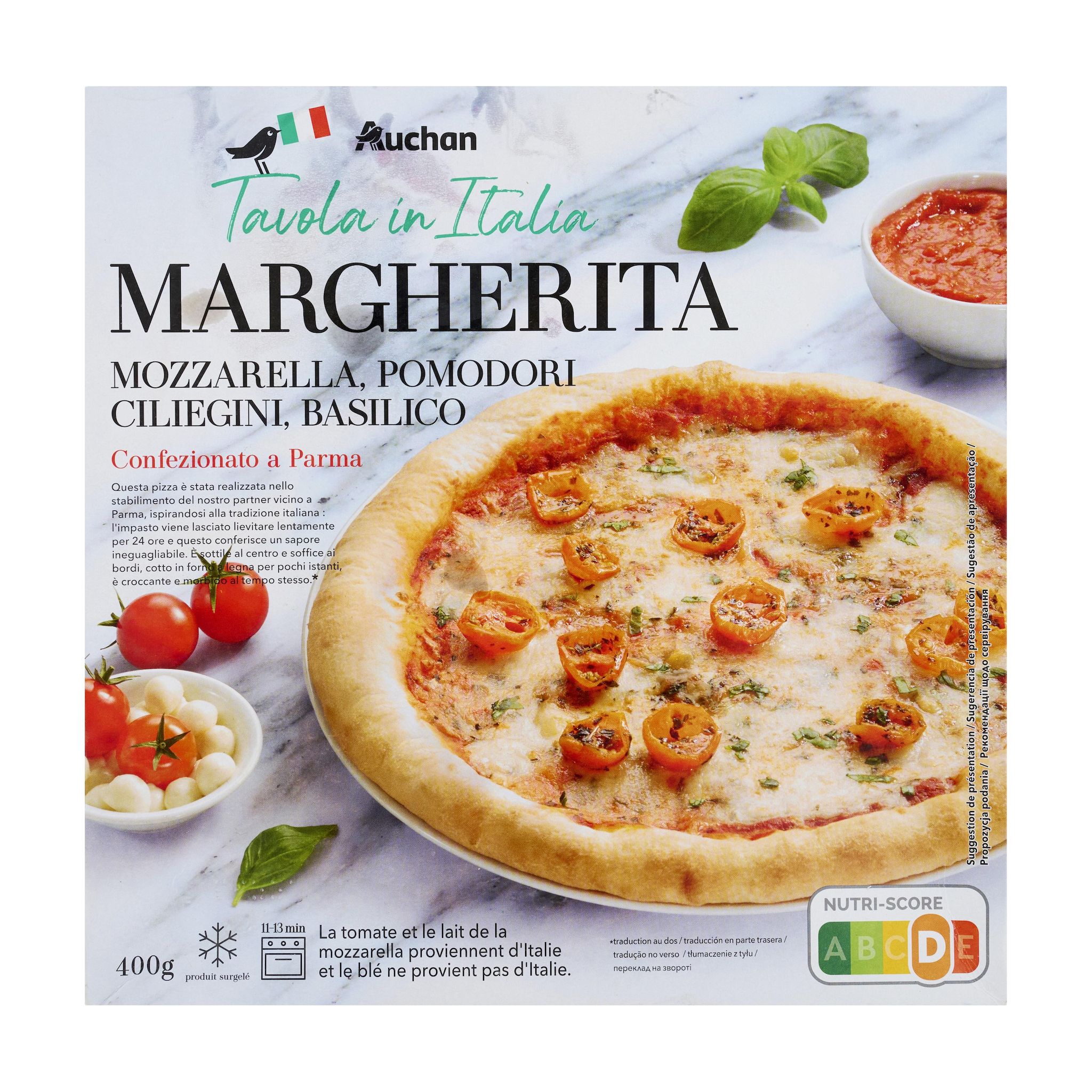 Voir la diapositive 2 : AUCHAN TAVOLA IN ITALIA Pizza margherita cuite au feu de bois 400g